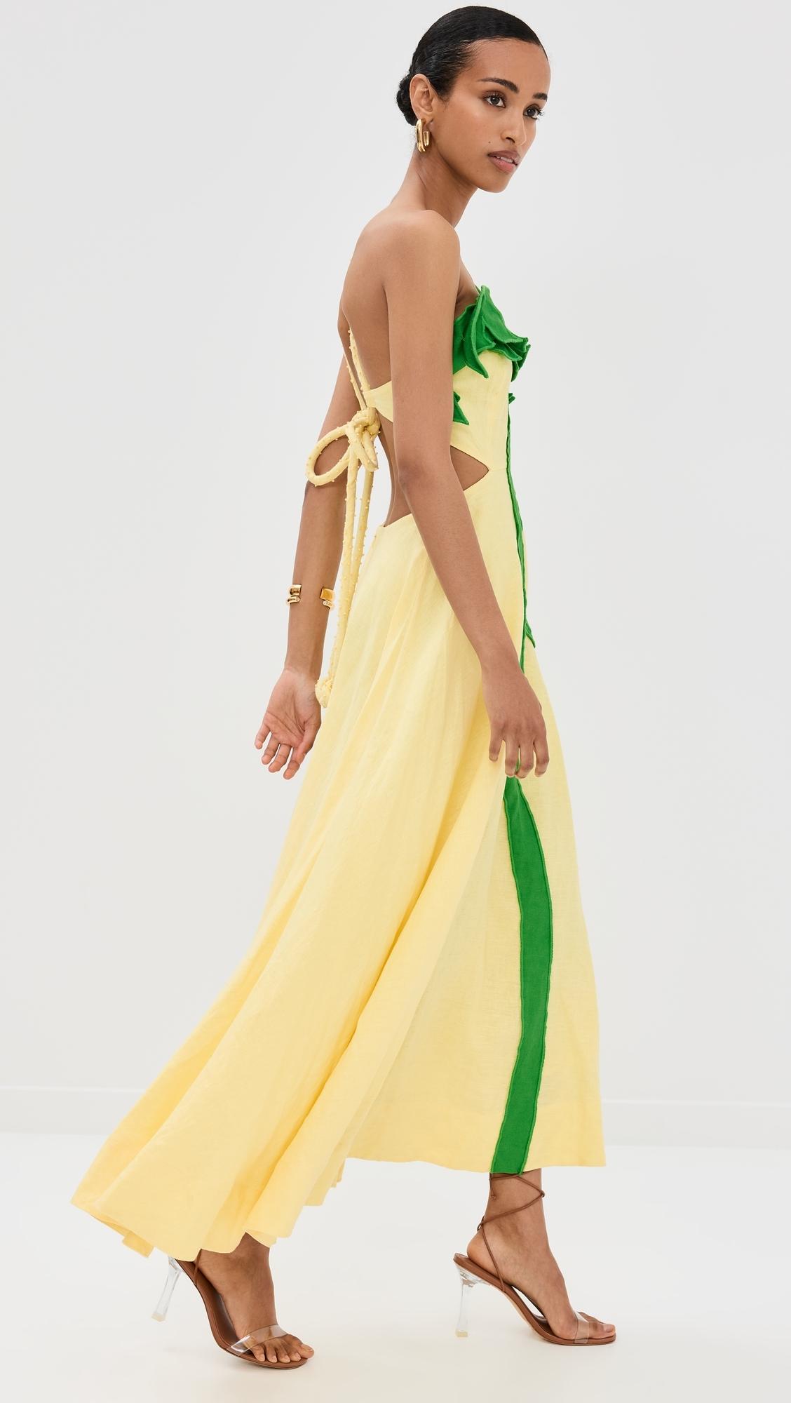 FARM Rio Palm Tree Cutwork Midi Dre in Yellow Lyst