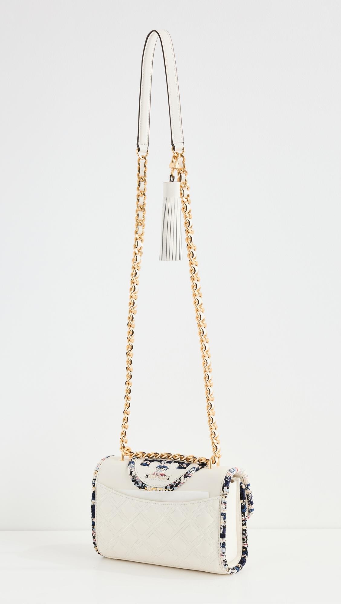 Tory Burch Fleming Tweed Border Small Convertible Bag in White