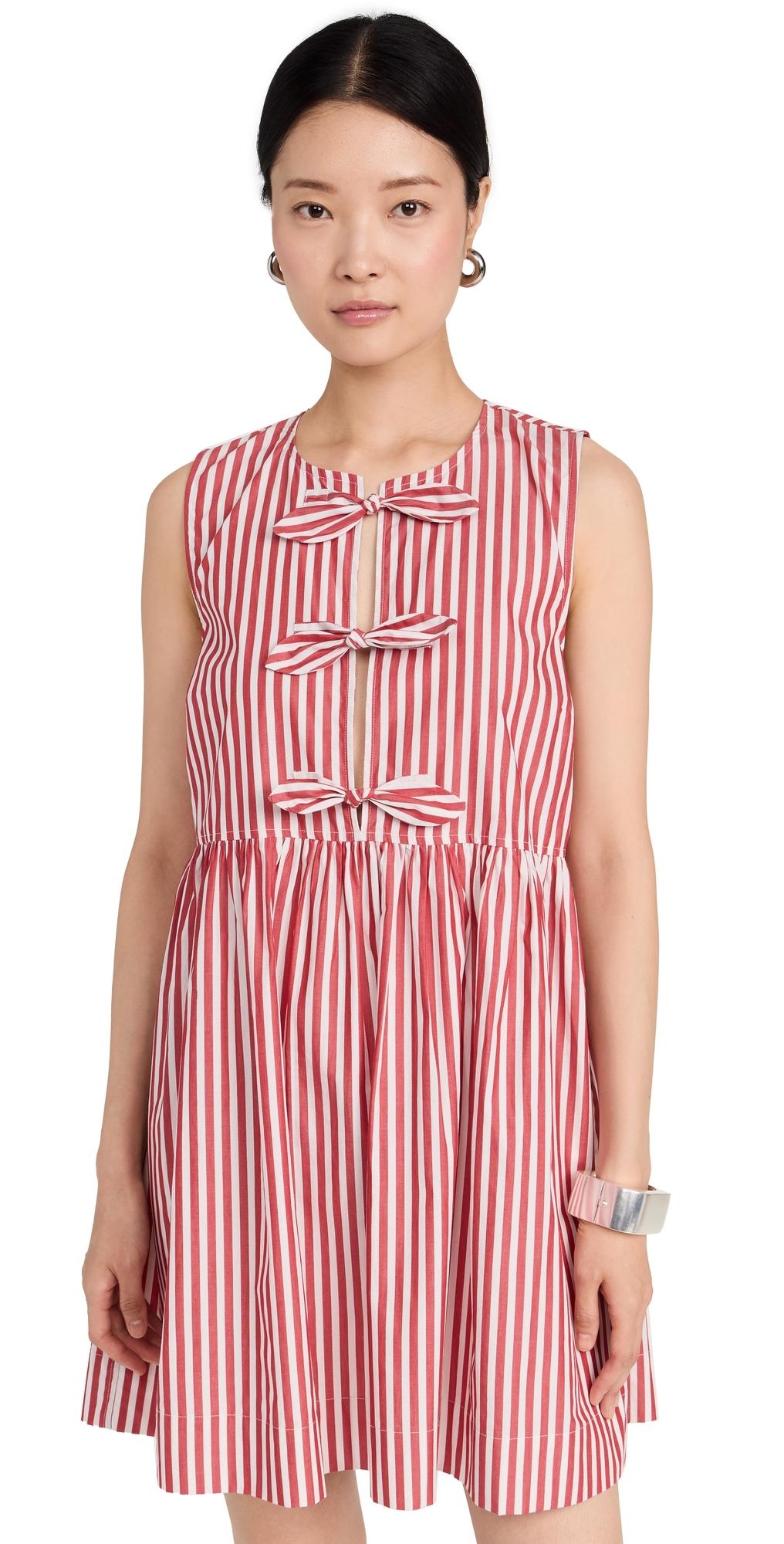 Ganni Stripe Cotton Mini Bow Tie Dress in Red | Lyst