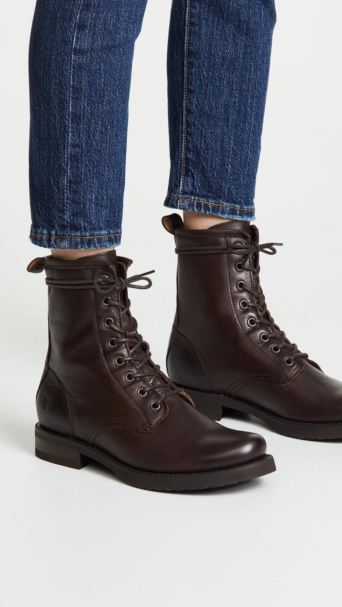 Frye Leather Veronica Combat Boots in Dark Brown (Brown) - Lyst