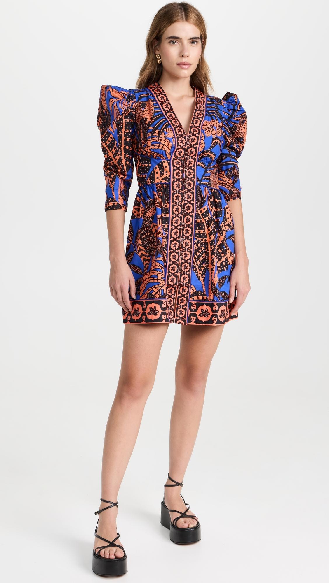 green emerald velvet dress Bloom Tapestry Black Long Sleeves Mini Dress by Farm Rio