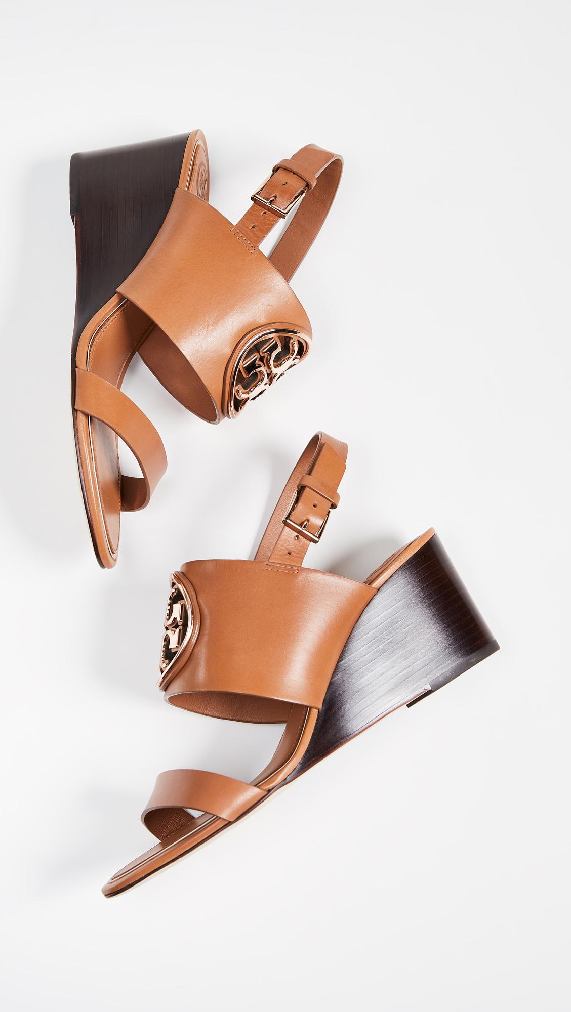 Tory Burch Leather Metal Miller 65mm Wedge Sandals in Tan/Rose Gold (Brown) - Lyst