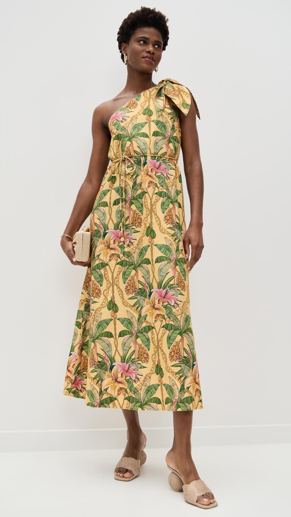 green emerald velvet dress FARM RIO Pineapple Tapestry Green One Shoulder Buttoned Mini – White  Bohemian main image 1
