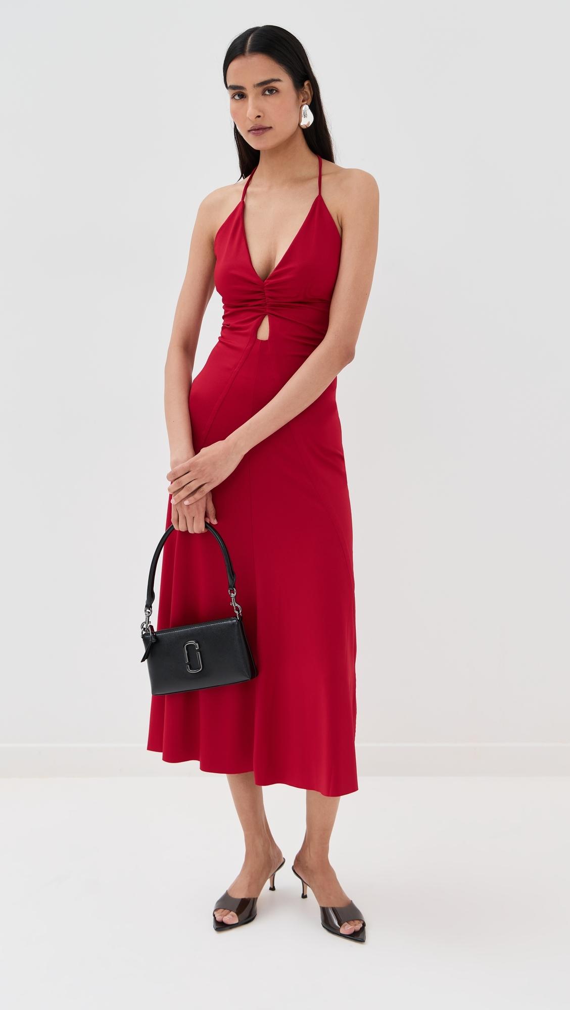 ワンピース Victoria Beckham V-NECK MIDI DRESS (1325WDR005195D ROSE) Gathered V-Neck Midi Dress In Rose | Designer Dresses