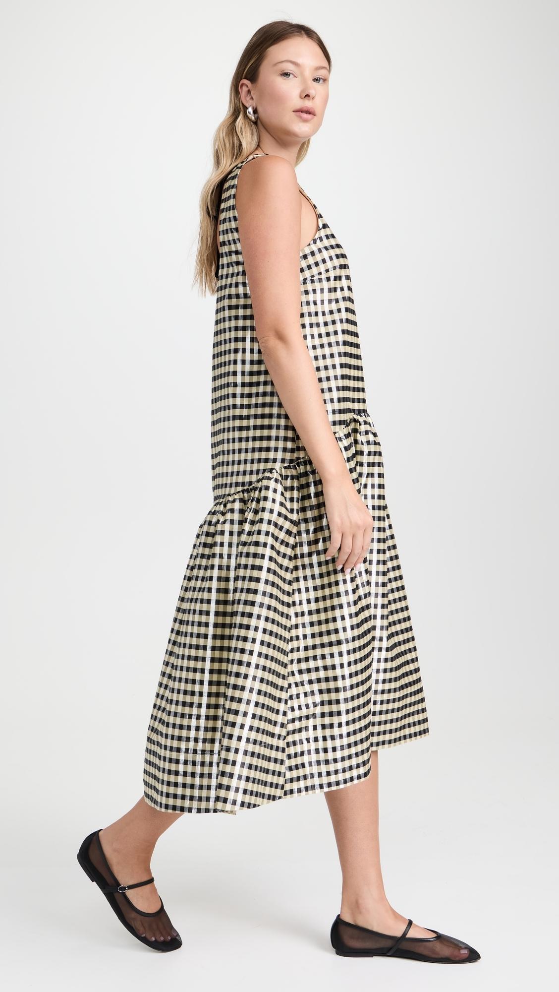 Ganni Shiny Check Jacquard Midi Dress in White | Lyst