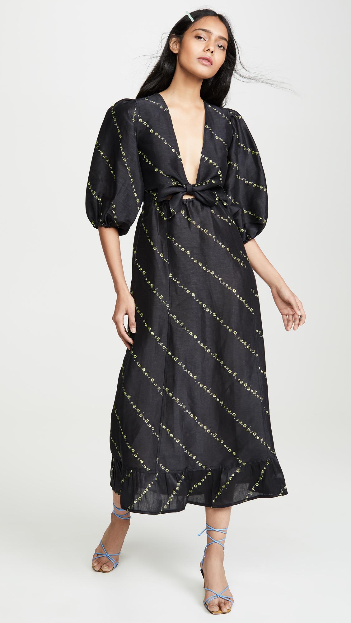 Ganni Silk Linen Dress in Black | Lyst