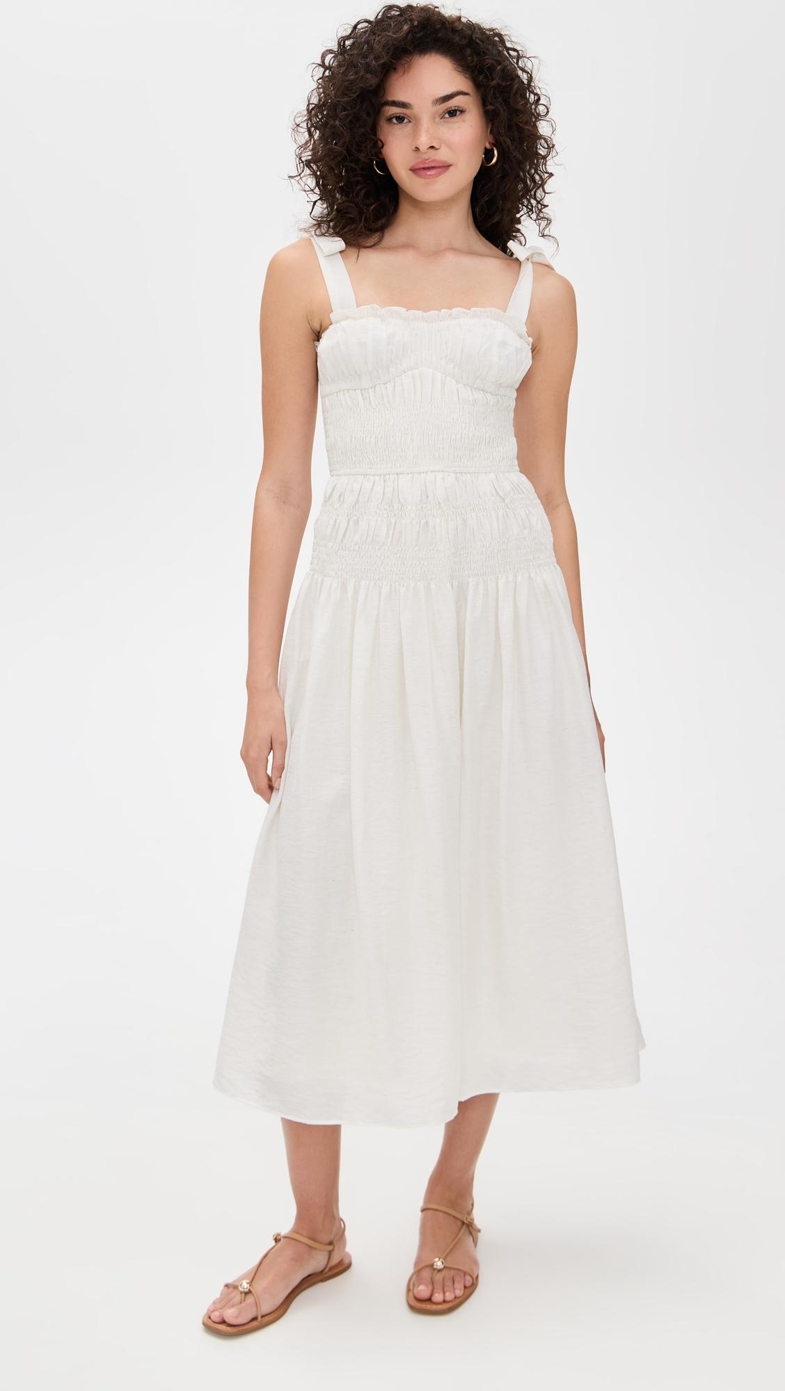 Moon River Adjustable Strap Shirred Midi Dress in White | Lyst