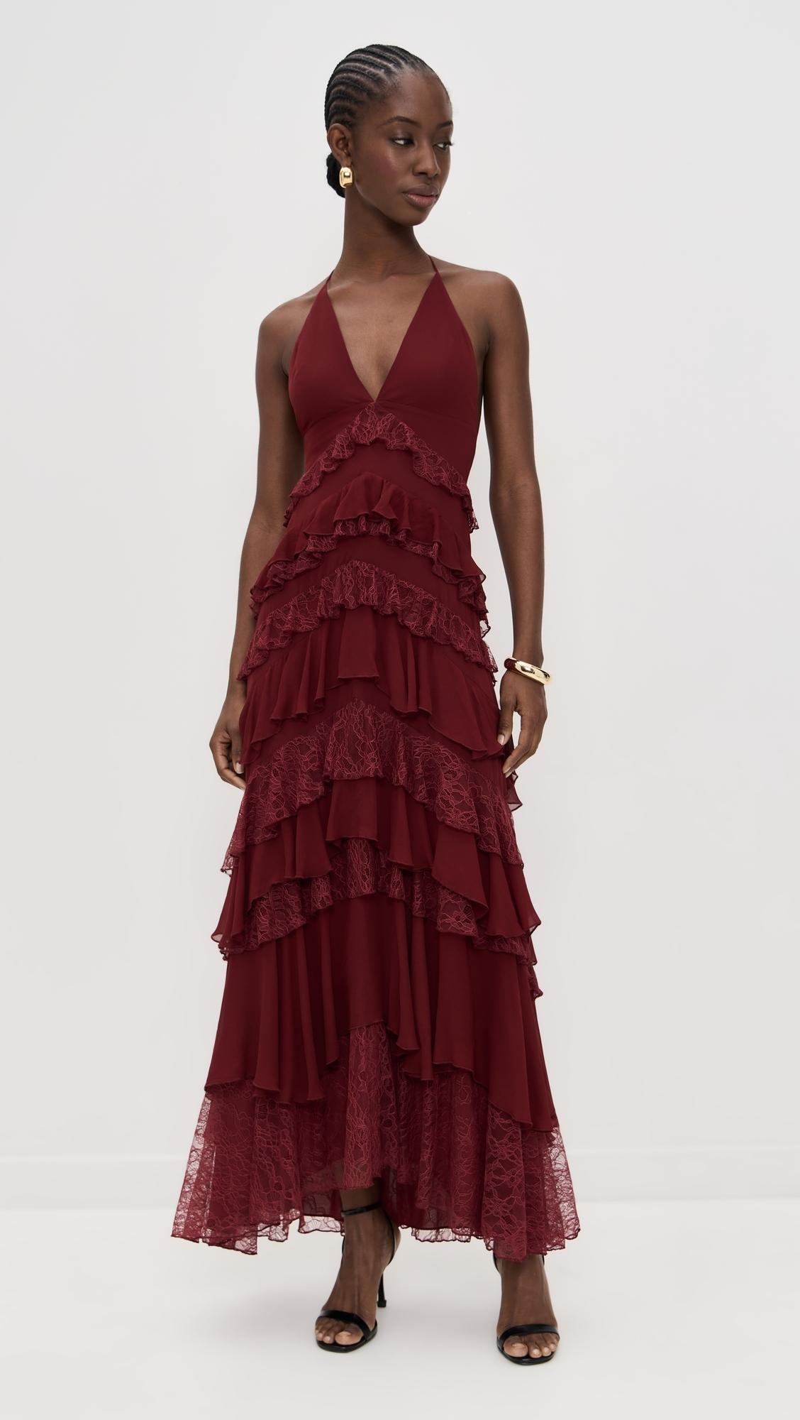 alice and olivia burgundy dress + Liana V Neck Ruffle Maxi in Red Evening gown