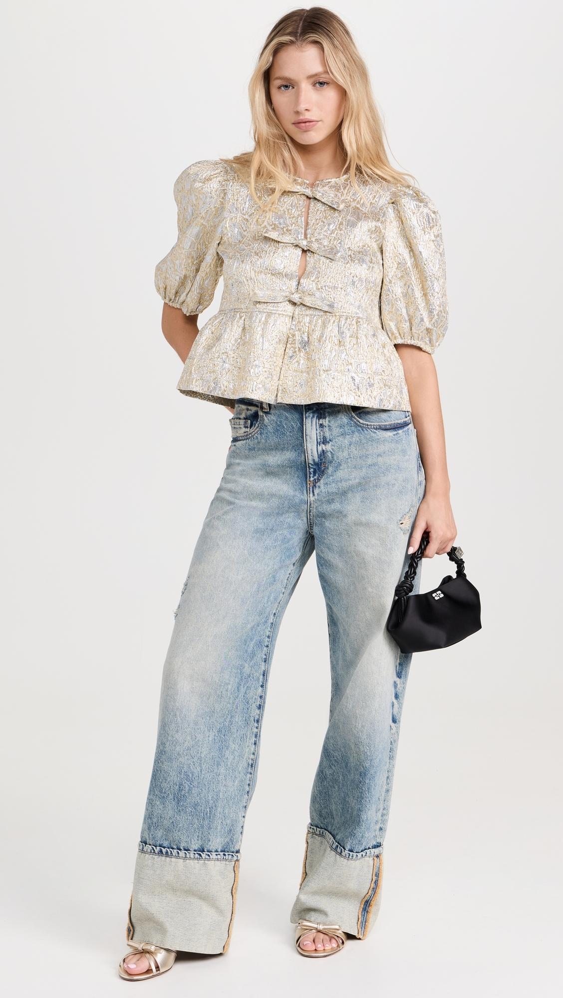 Ganni Metallic Cloque Peplum Blouse | Lyst