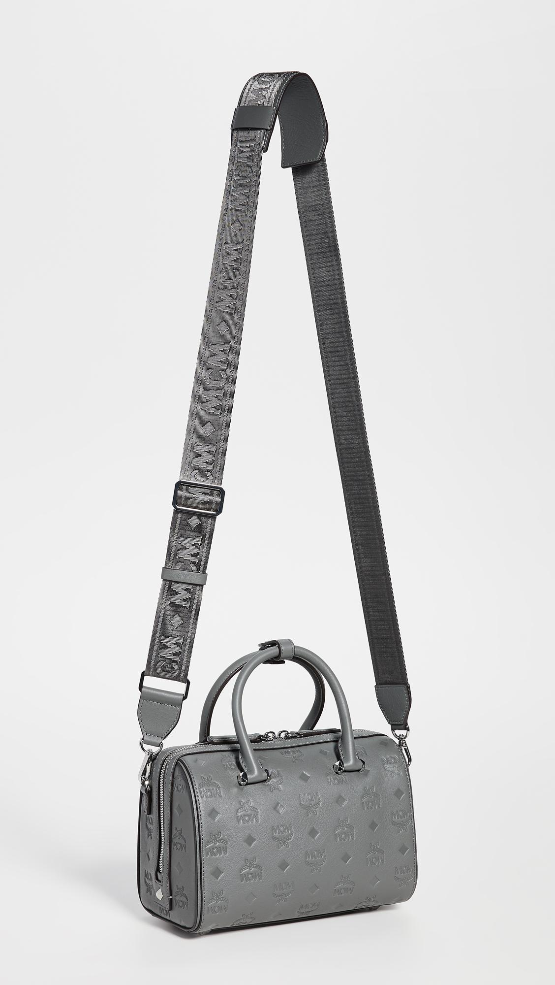 mcm essential boston bag in monogram leather