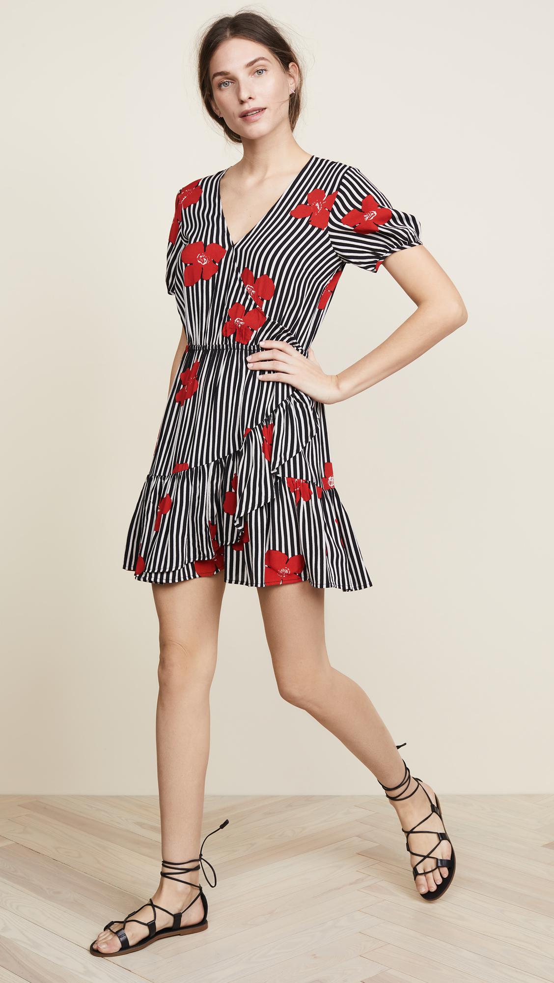Madewell Synthetic Bianca Ruffle Wrap Dress in Red Floral on Black Stripe  (Red) | Lyst