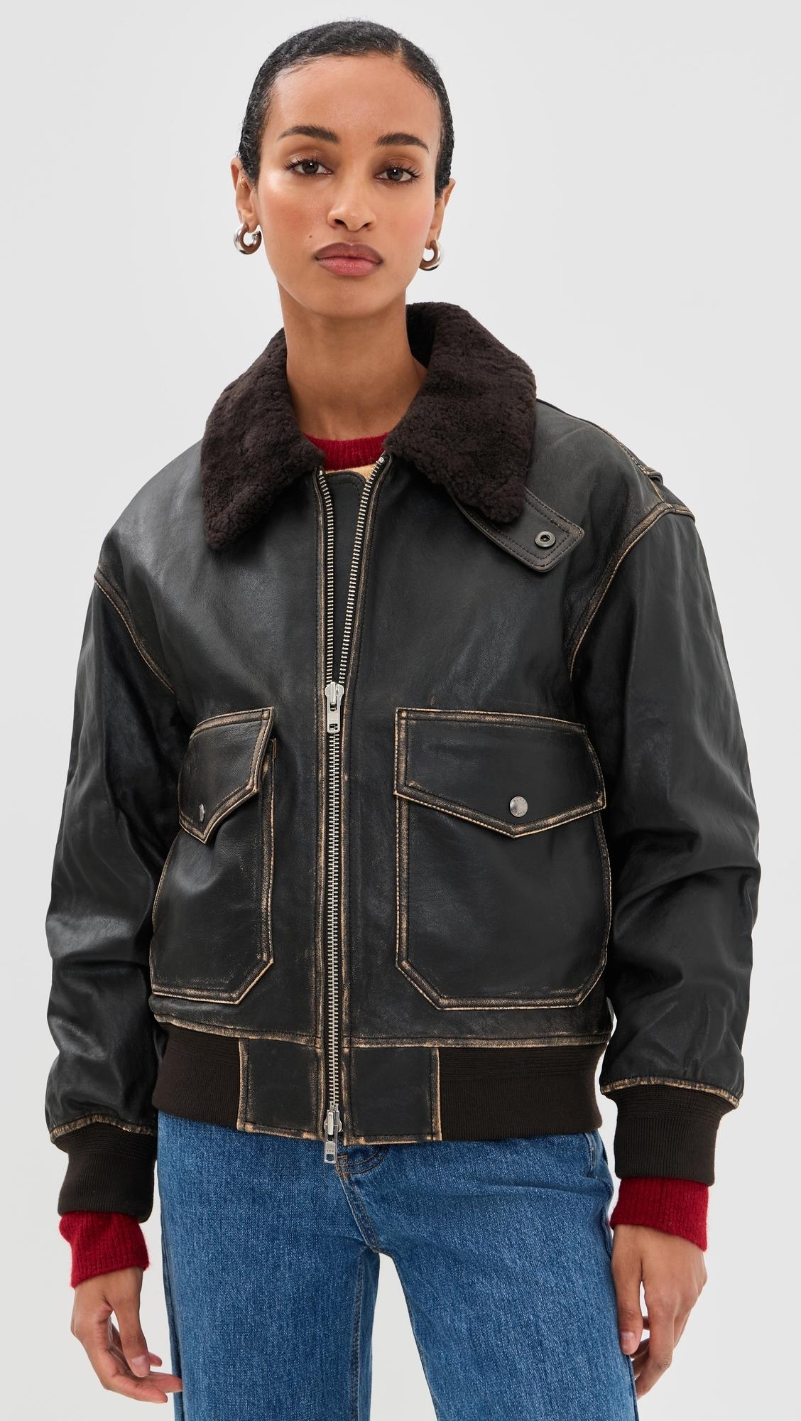 DUNST Shearling Collared Leather Jacket in Black | Lyst