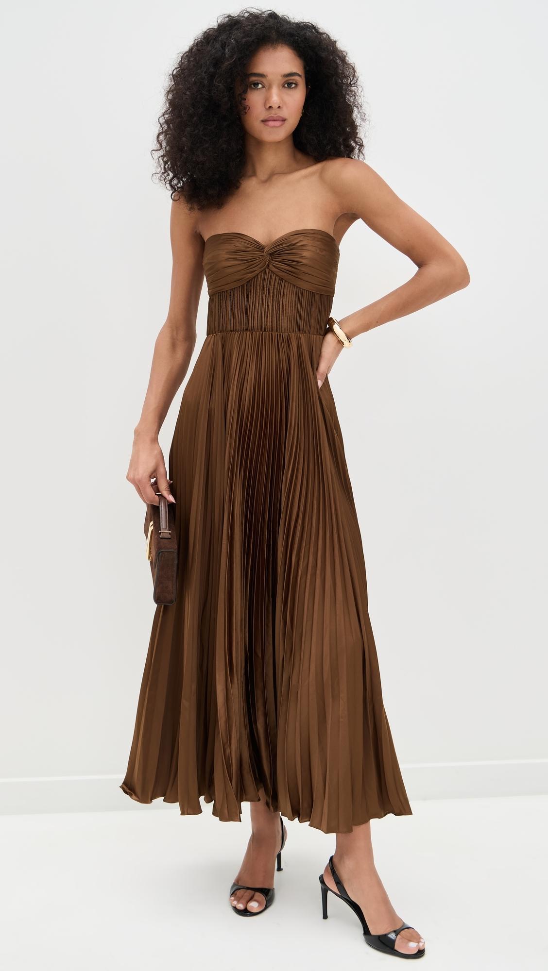knee length dresses for ladies Amur Pia Pleated Midi Dress in Garden Blues