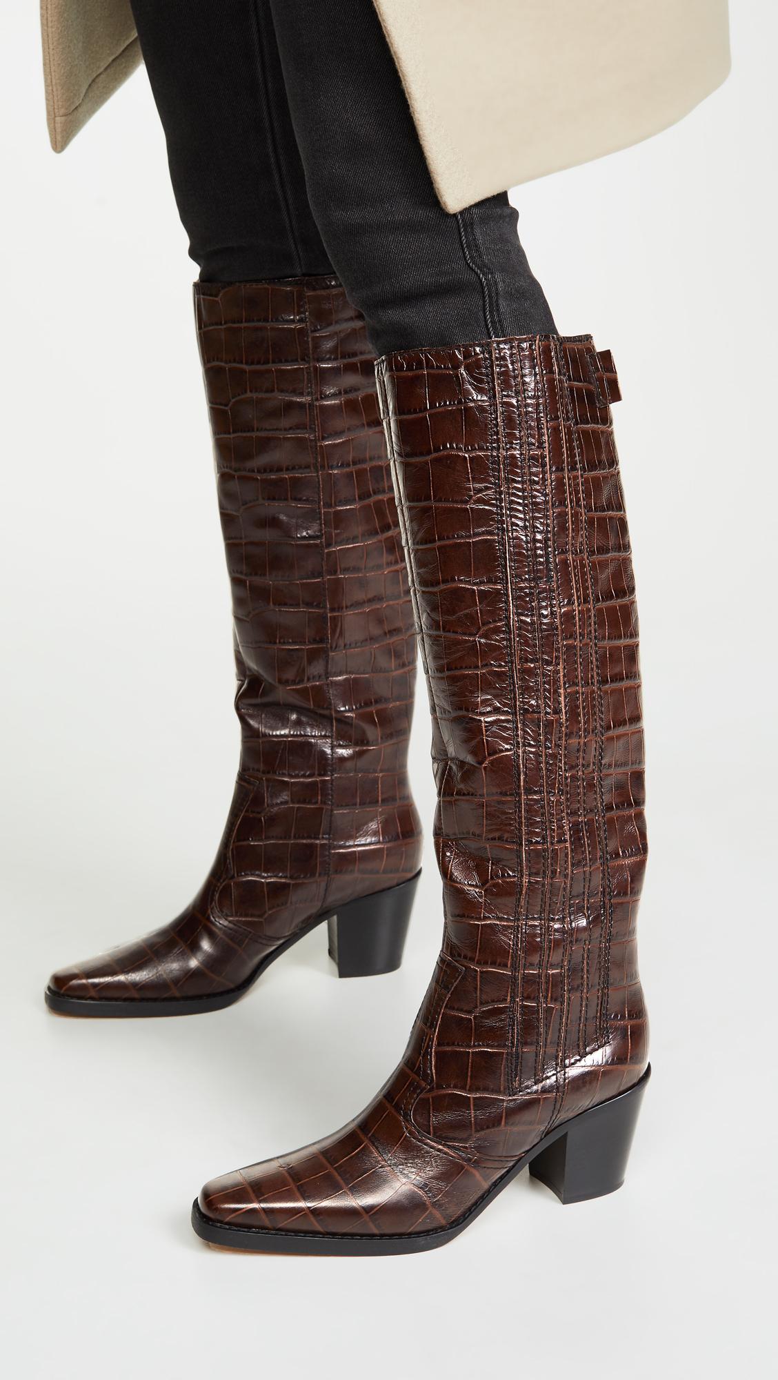 Ganni Leather Western Knee High Boots in Brown - Lyst