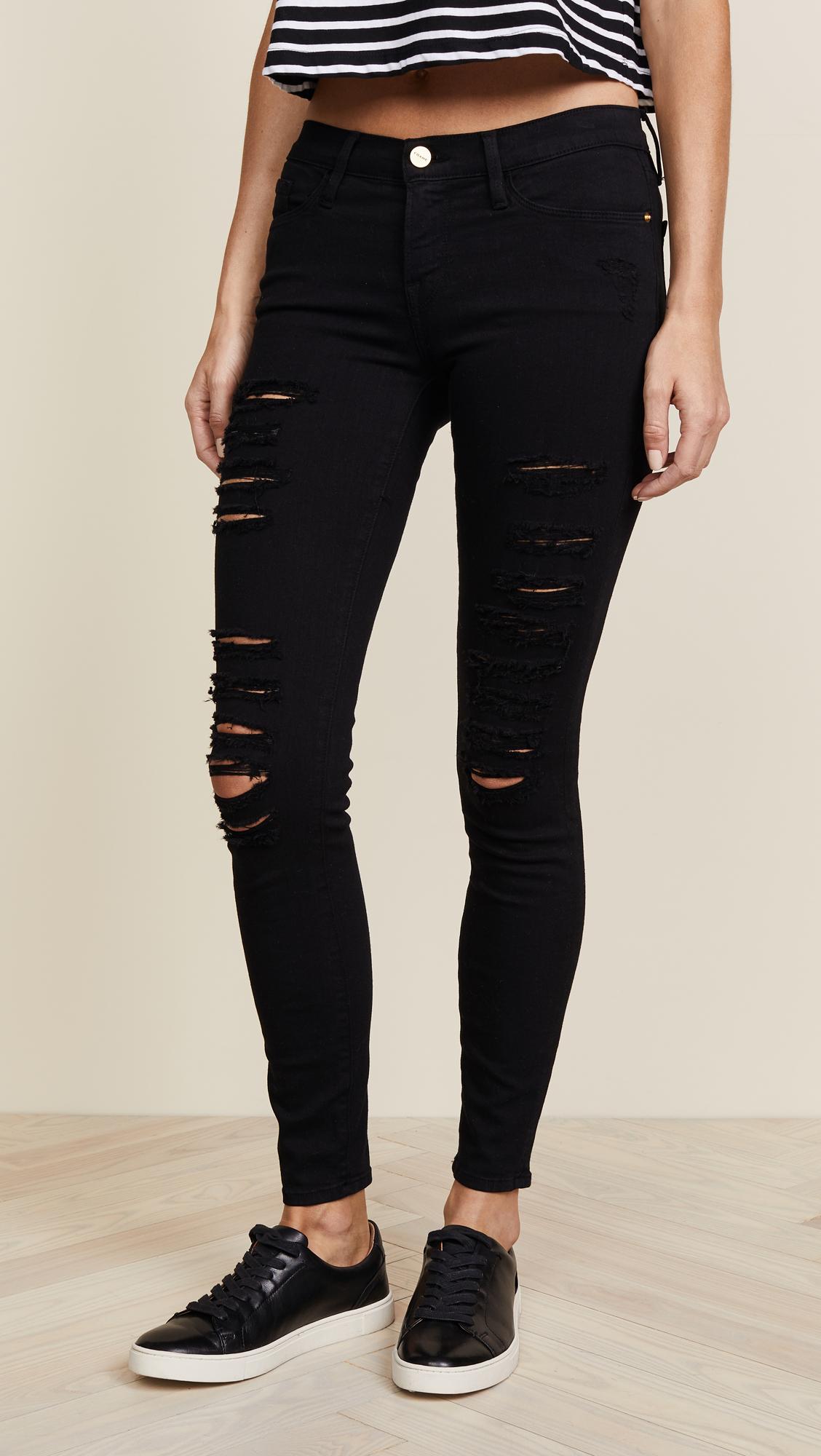 FRAME Le Color Rip Skinny Jeans in Black | Lyst