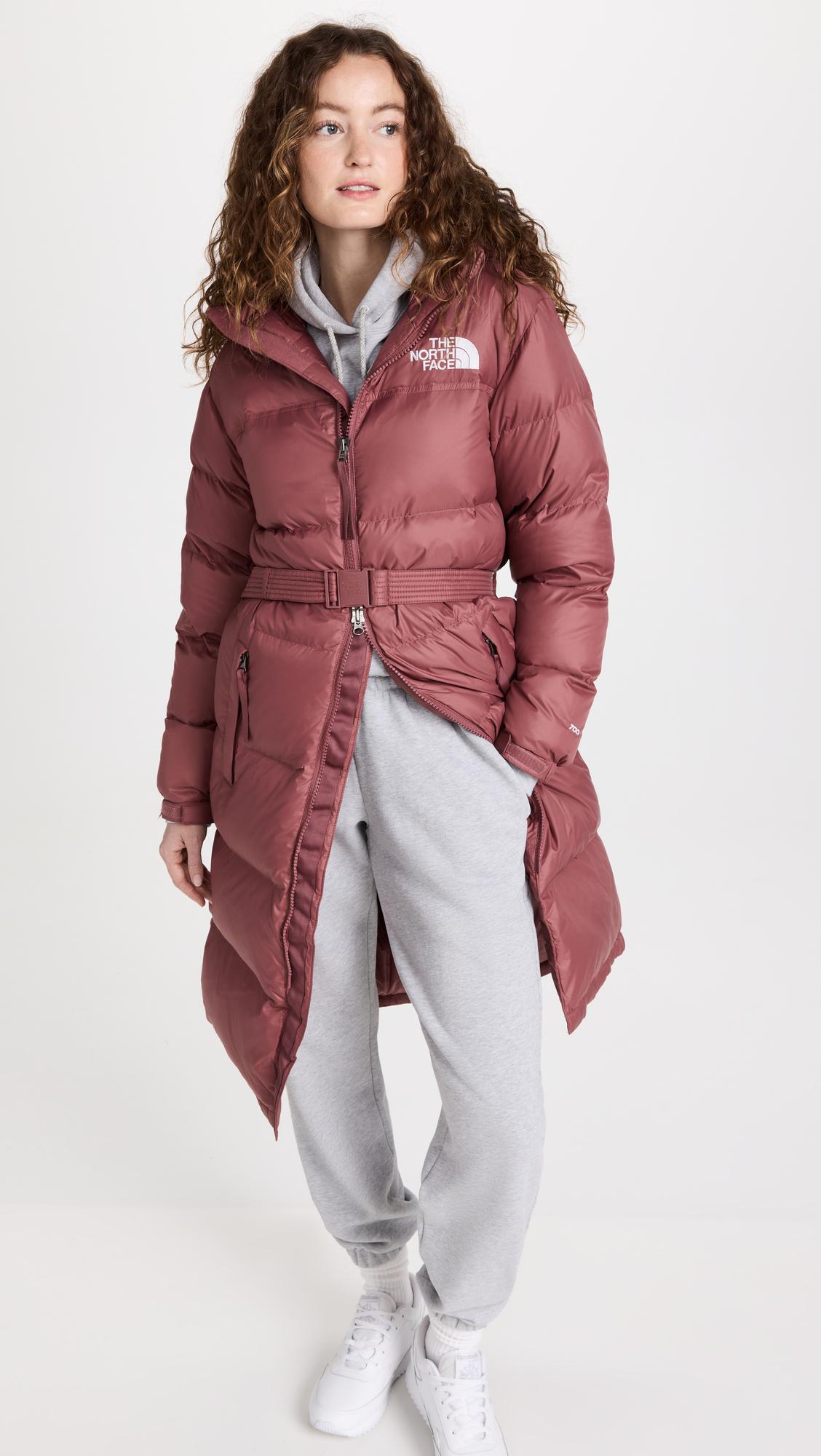 The North Face Women's Nuptse Belted Long Parka in Red | Lyst