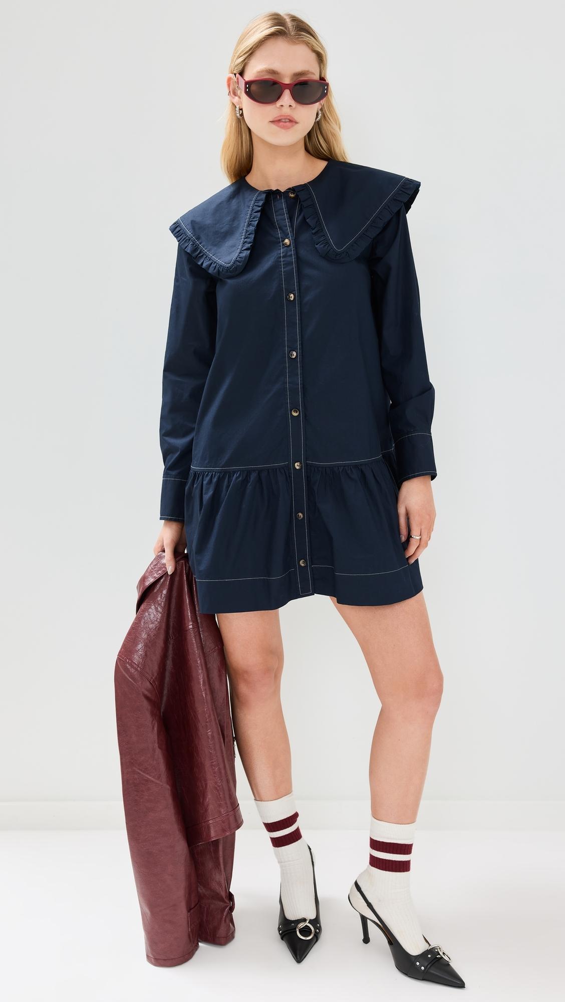 Ganni Poplin Big Collar Mini Shirt Dress in Blue | Lyst