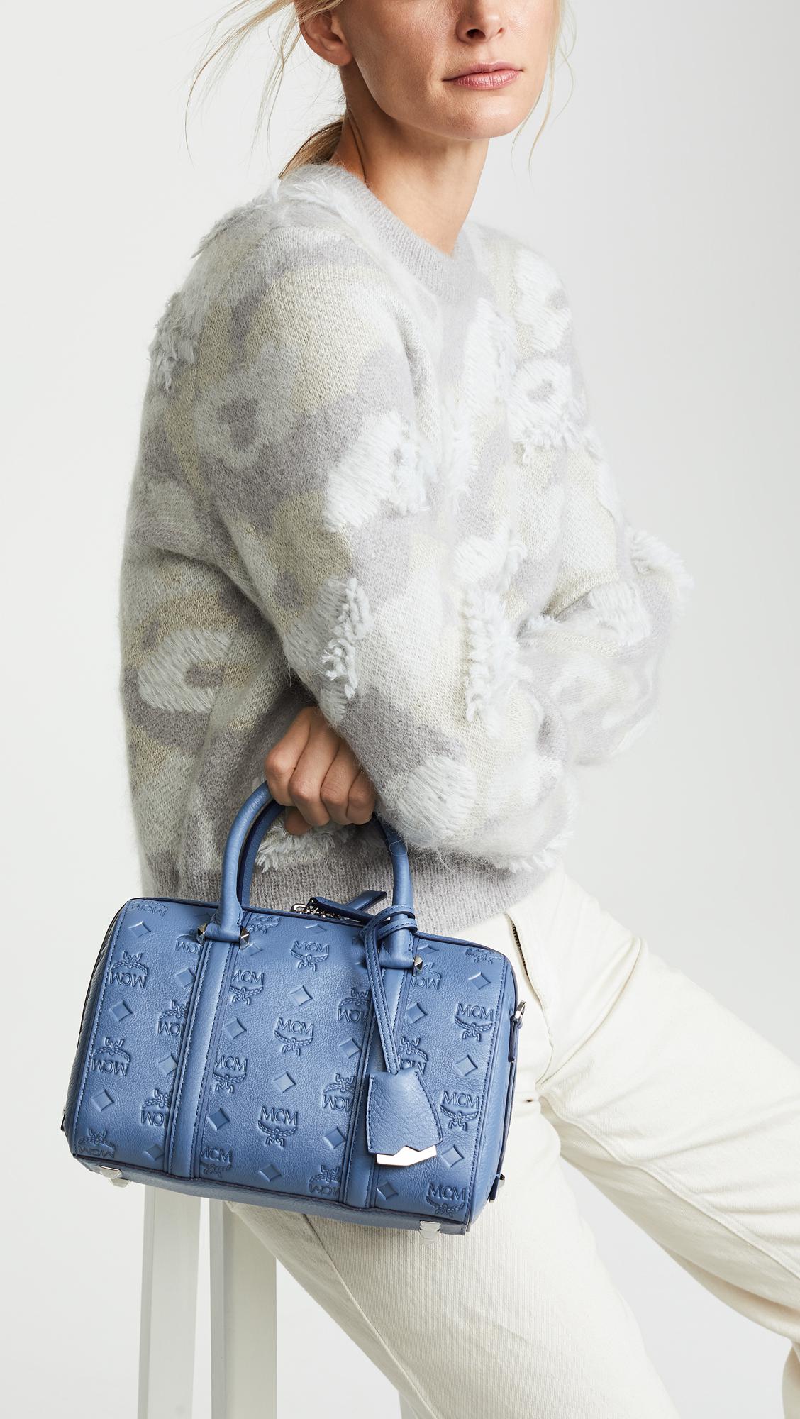 MCM Women's Small Essential Monogram Leather Boston Bag - Blue