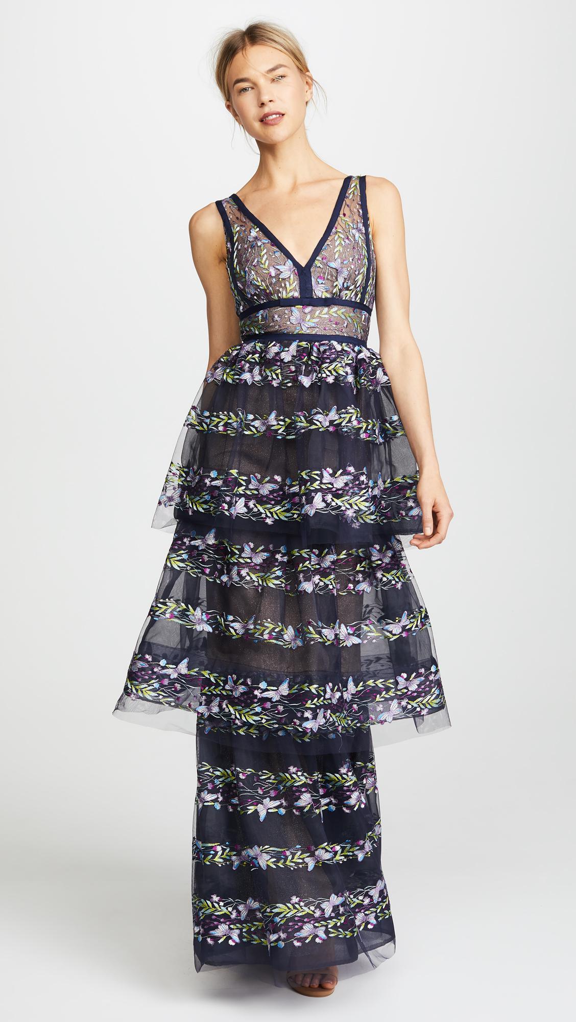 Marchesa notte Tulle Three Tiered Gown in Navy (Blue) - Lyst