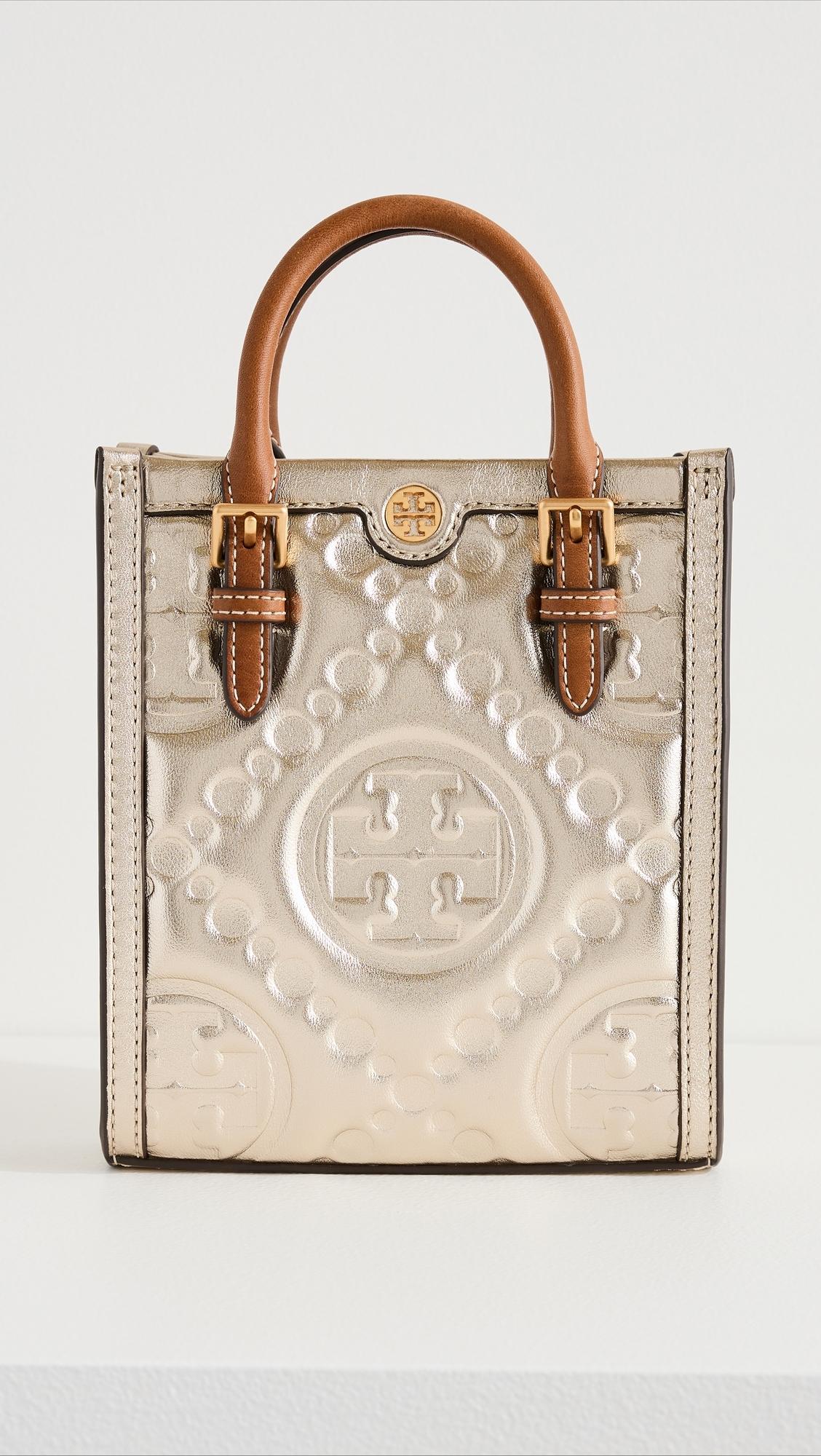 Tory Burch Mini T Monogram-Embossed Metallic Bucket Bag Silver