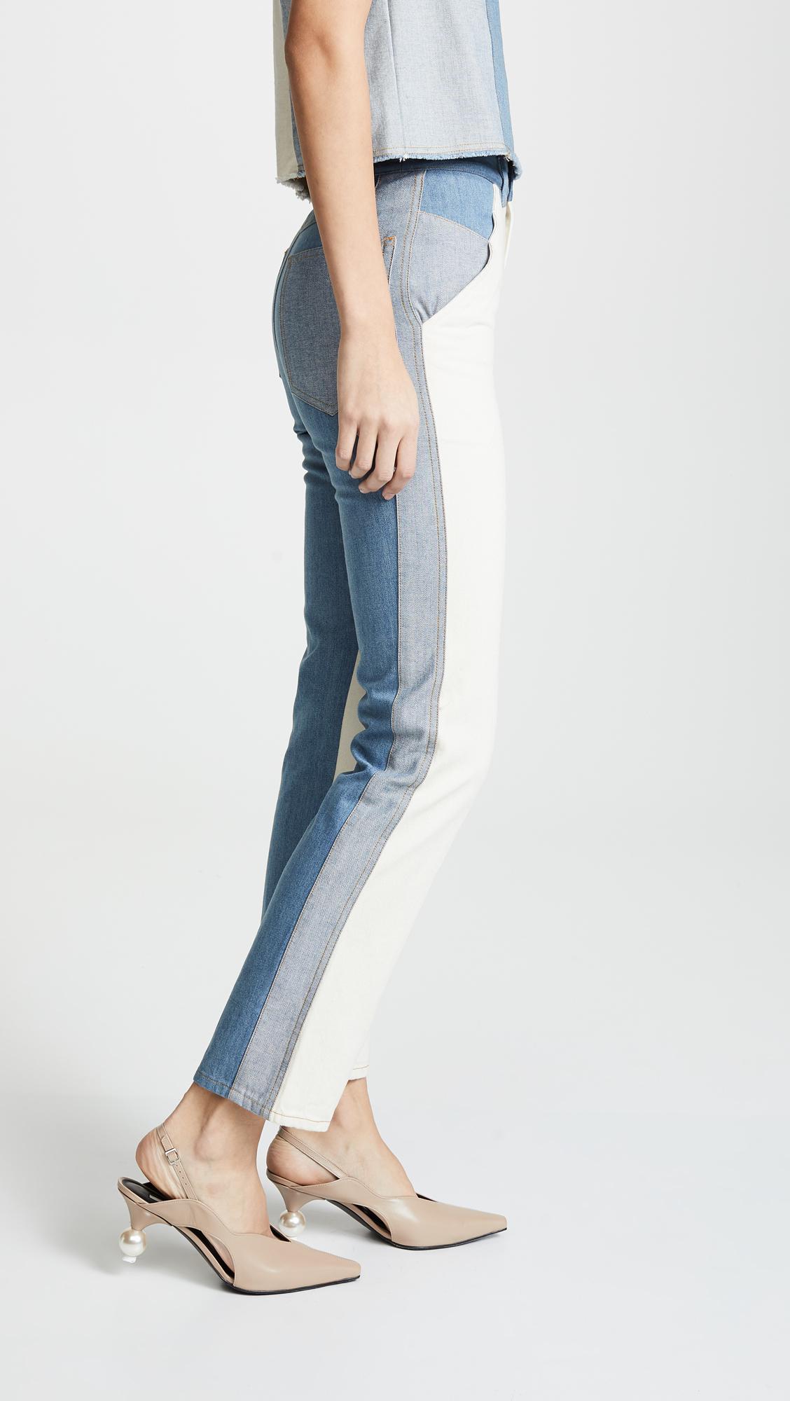 color block jeans white and blue
