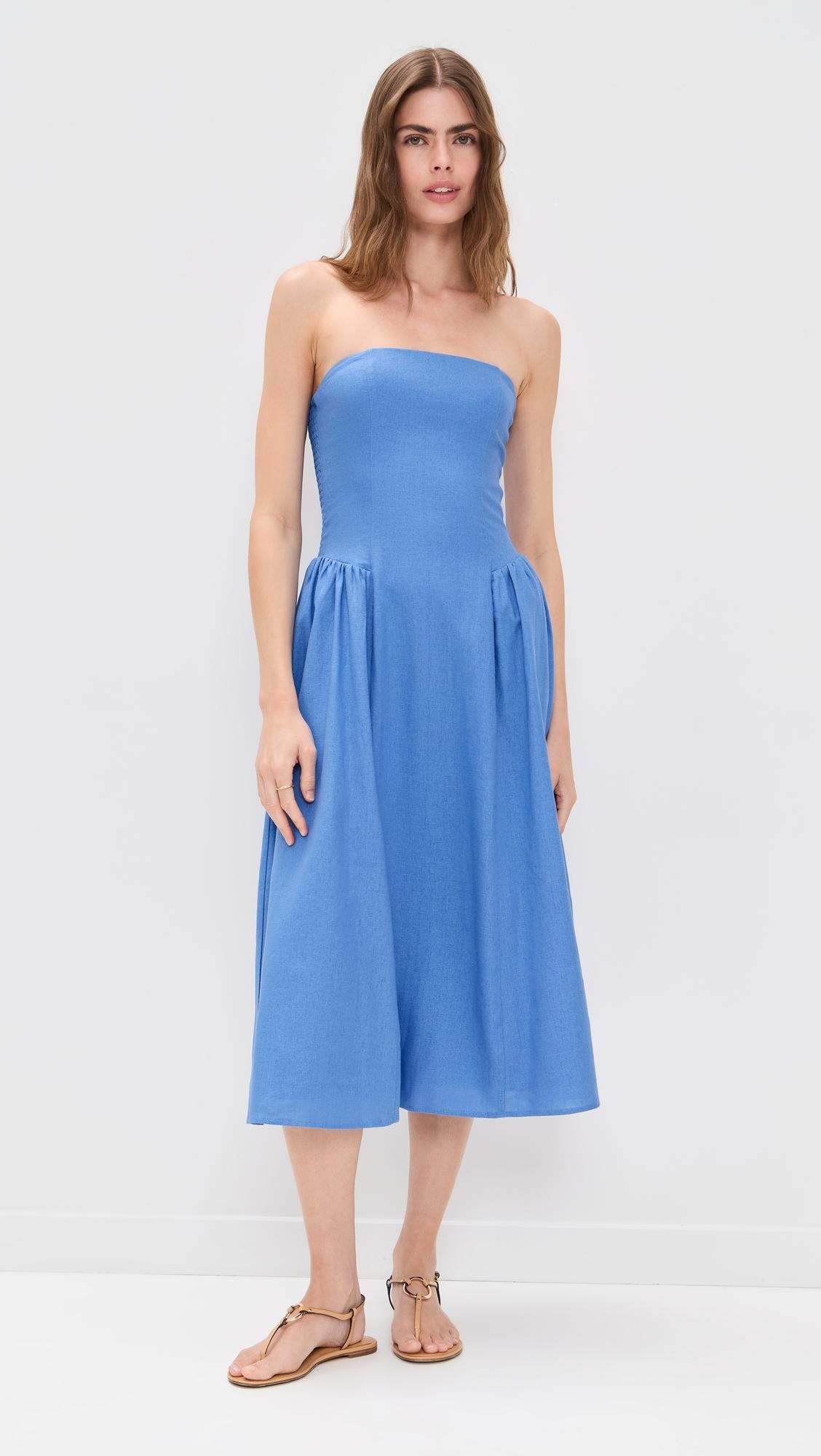 wayf cotton strapless pleated midi dress WAYF Strapless Midi Dress