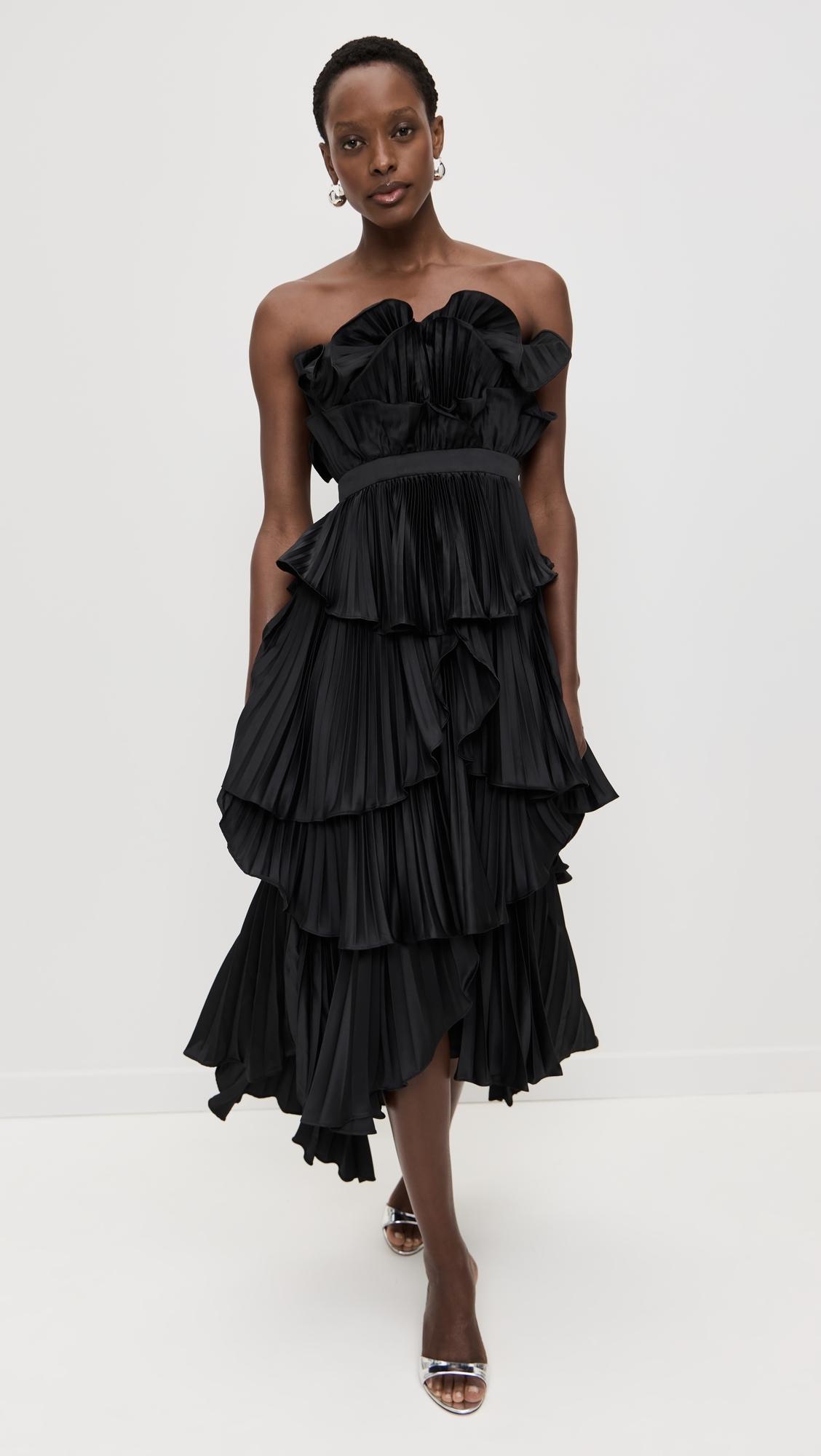amur ruched bustier pleated dress AMUR Judah Scallop Pleated Dress in Black
