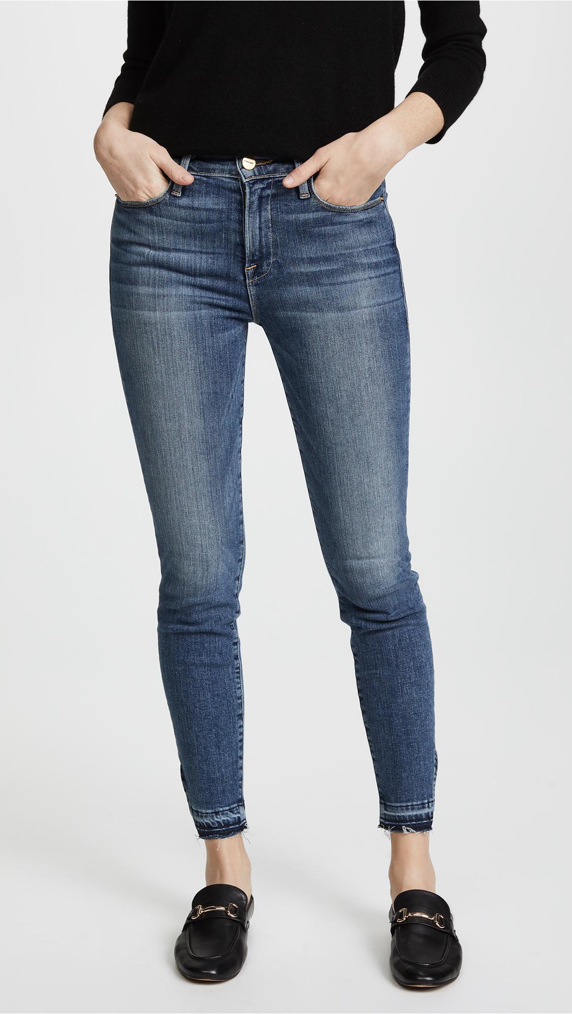FRAME Le High Skinny Jeans With Raw Triangle Cut Hem in Blue | Lyst