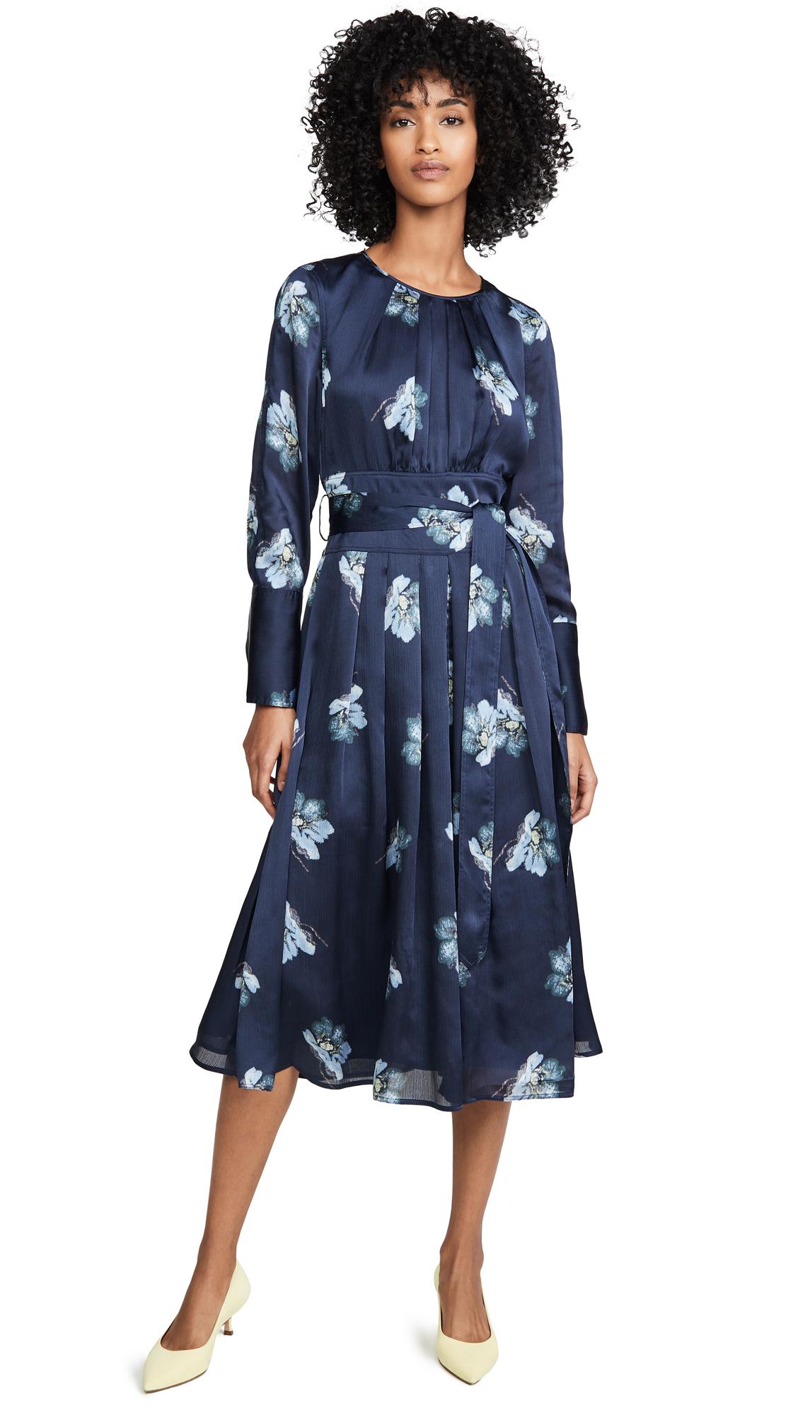 Club Monaco Floral Belted Long Sleeve Midi Dress in Blue | Lyst