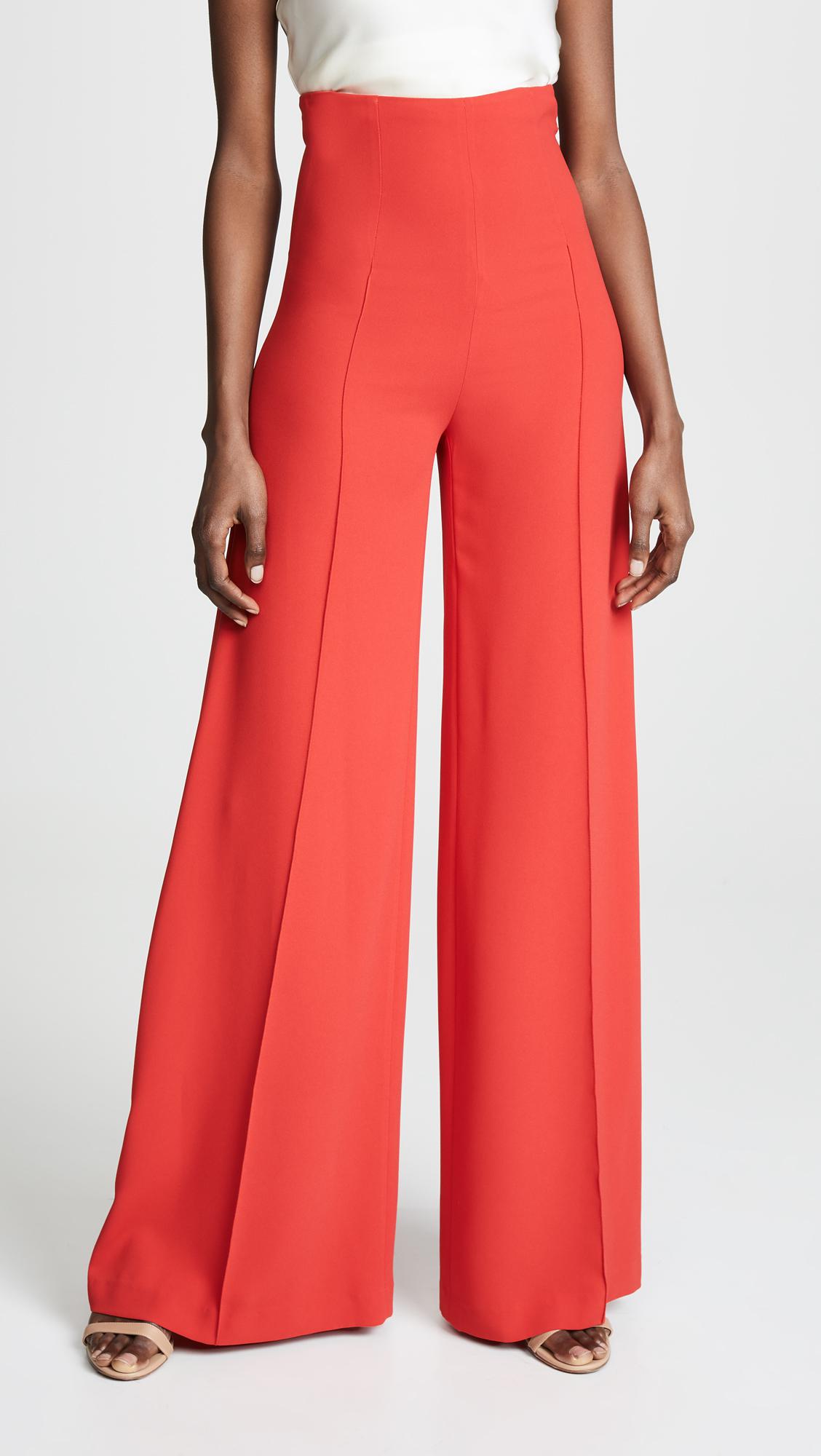 red high waisted wide leg trousers