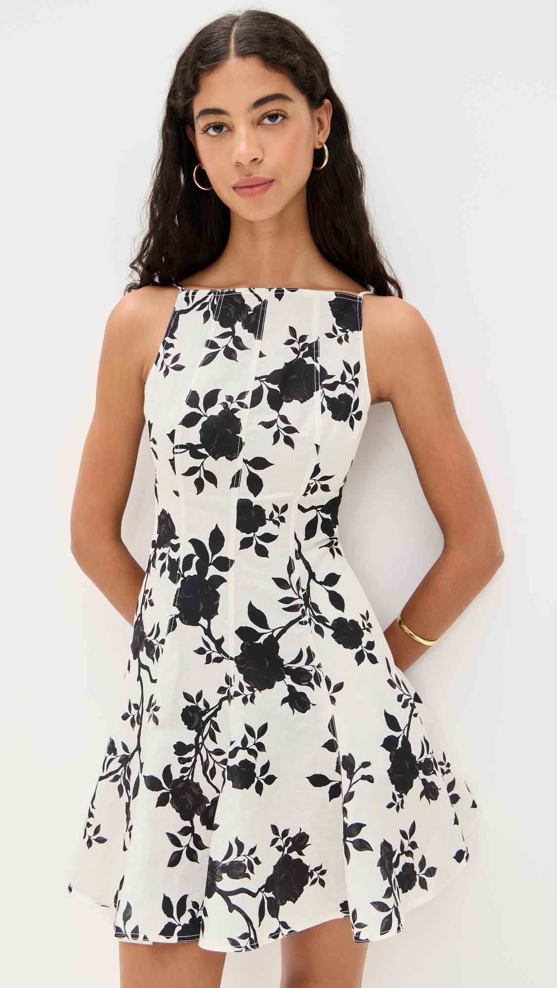 Self-Portrait Floral Print Linen Mini Dress in White | Lyst