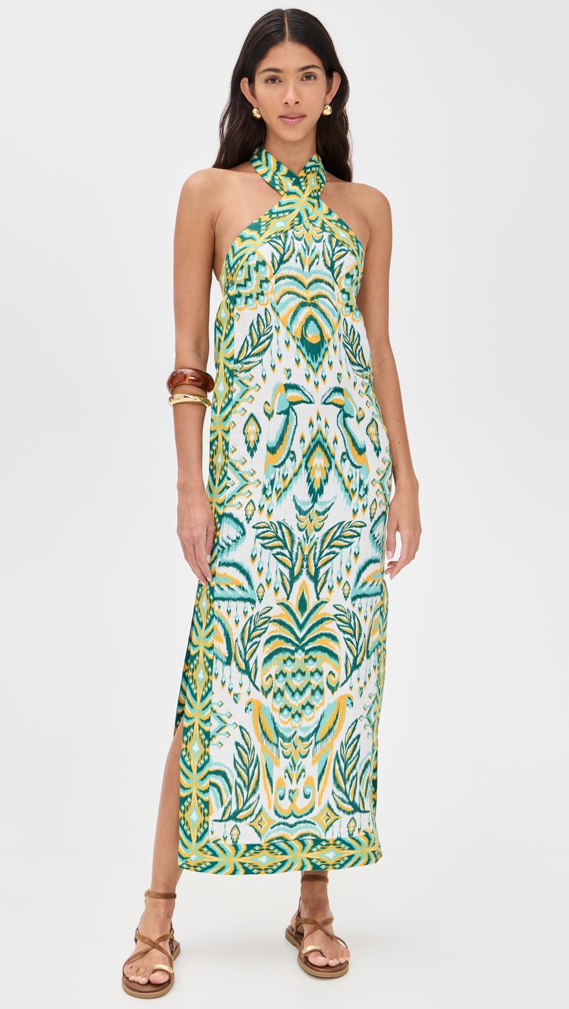 slim fit dress slacks Farm Rio Tropical Tapestry Off-White Halter Neck Maxi Dress main image 1