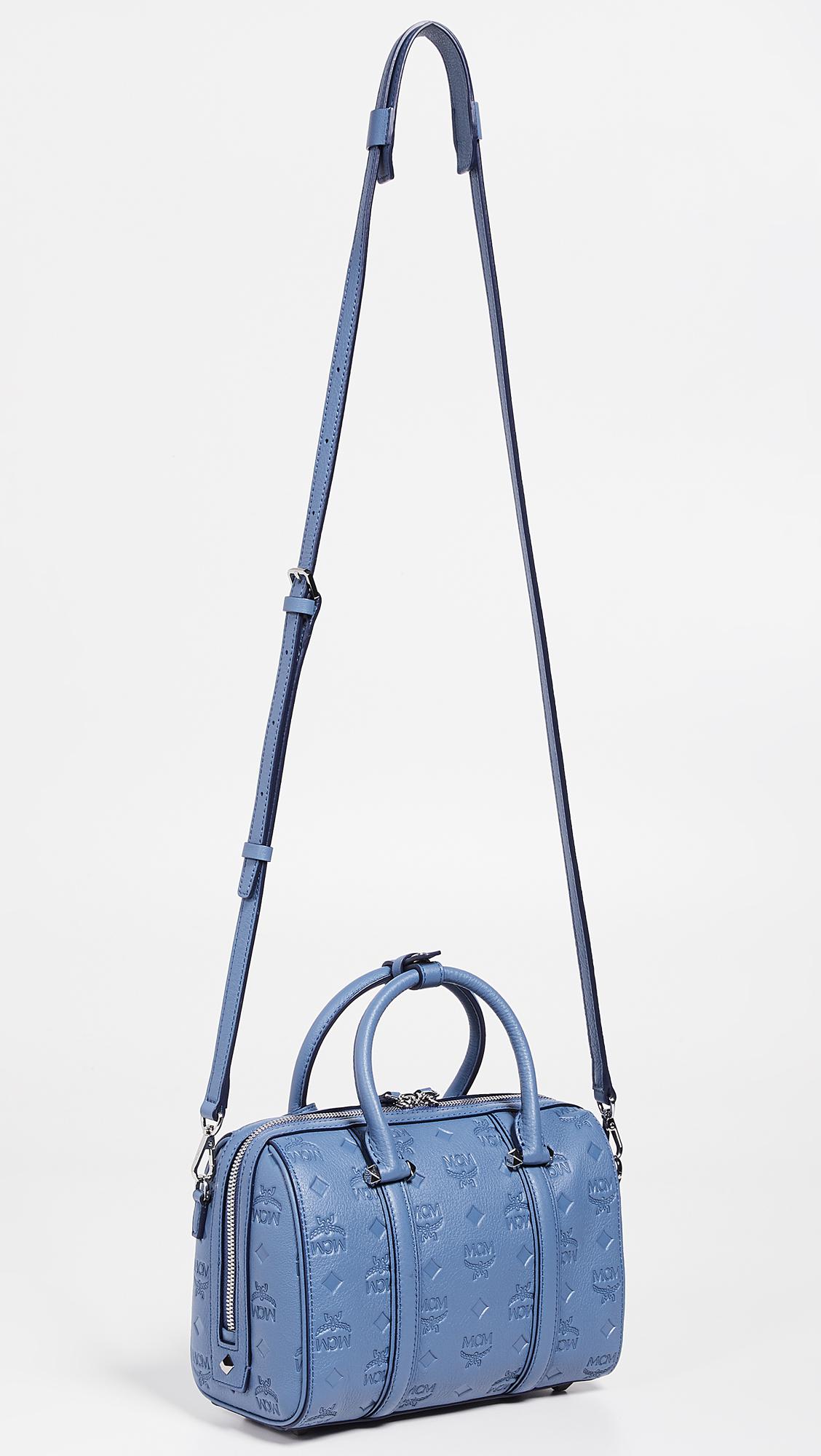 MCM Essential Monogrammed Small Boston Bag in Blue