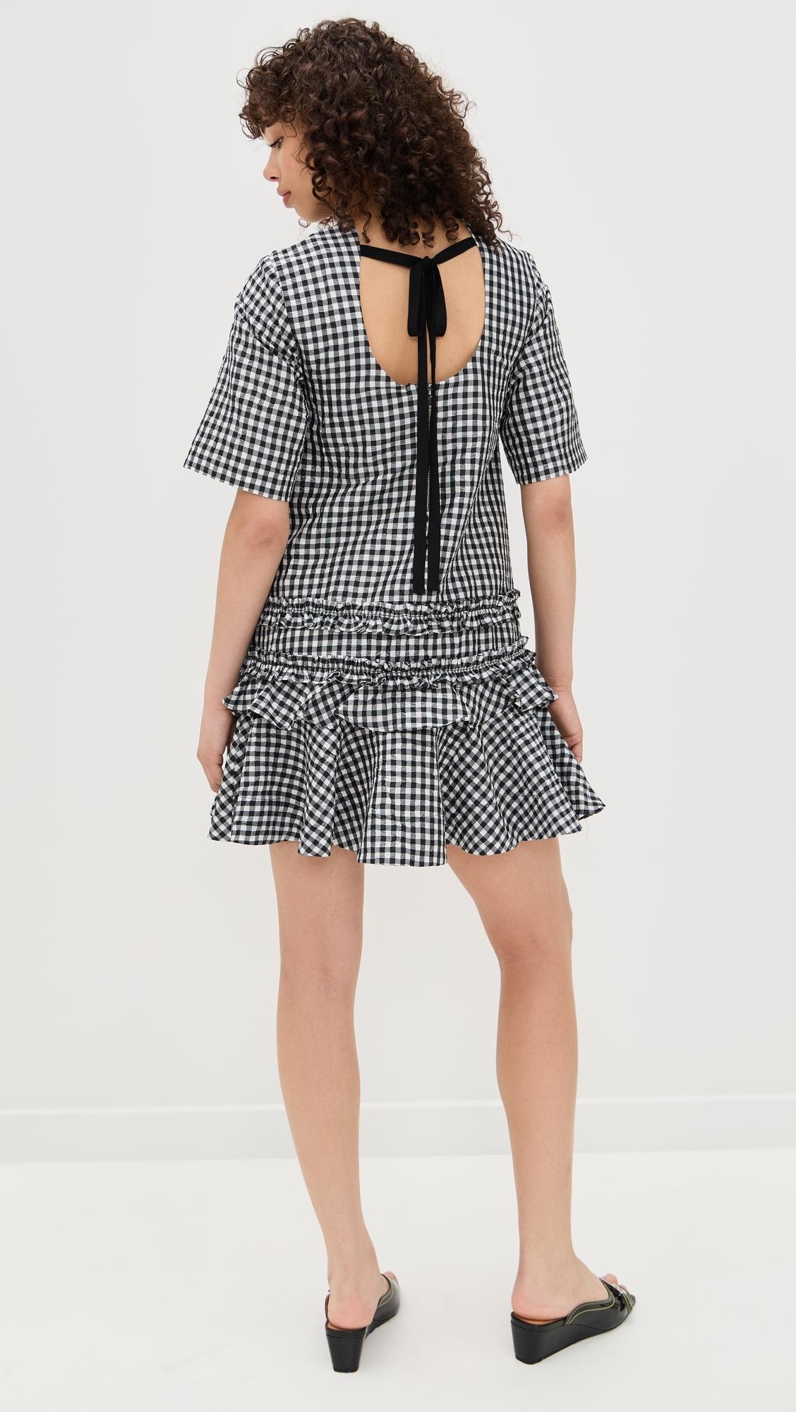 Ganni ■Crinkled Taffeta Check Open Back Mini Dress - Black Crinkled Taffeta Check Open Back Mini Dress Black - GANNI