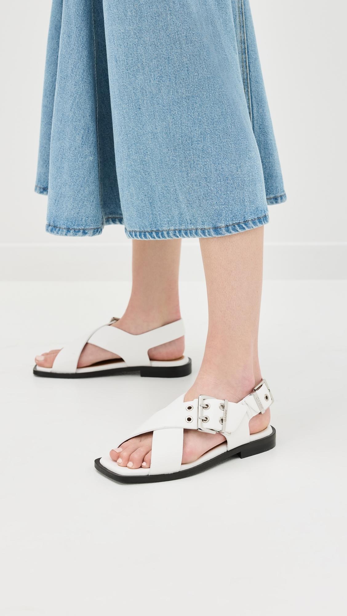 Ganni Buckle Cross Strap Sandals in Black | Lyst