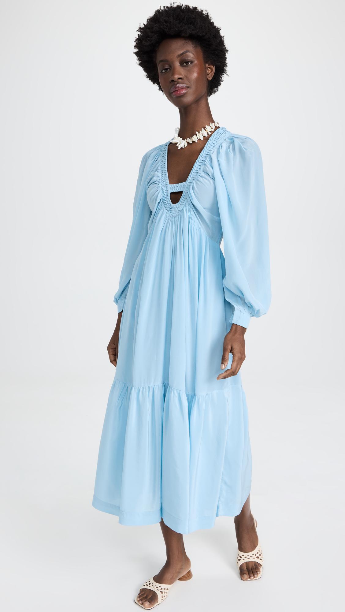 Sea Nyla Twill Puff Sleeve V Neck Dress in Blue | Lyst