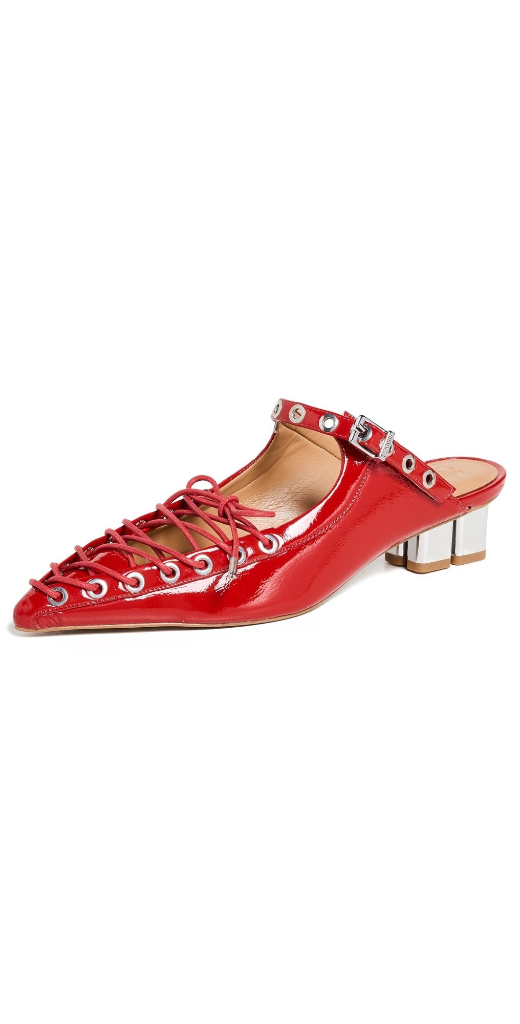 Ganni Eyelets Lace Up Mules in Red | Lyst
