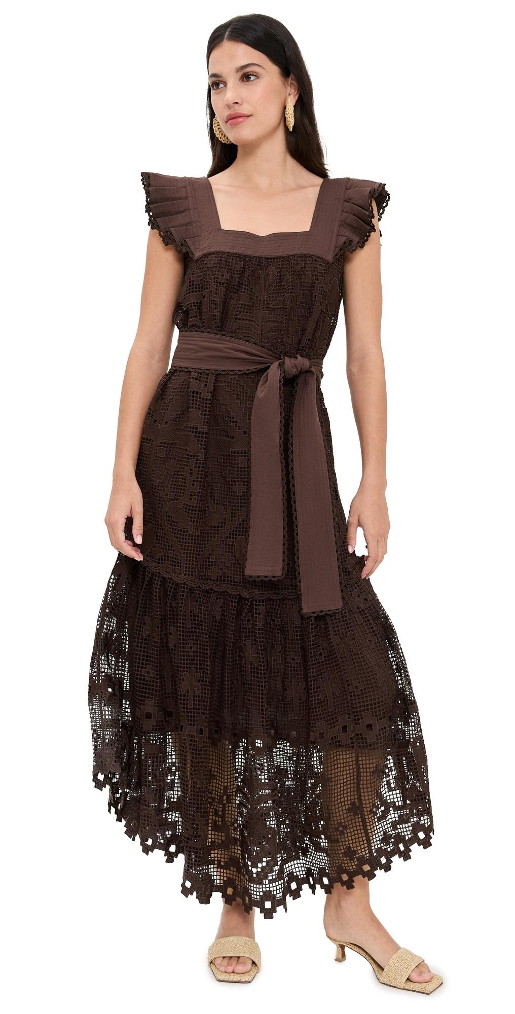 FARM Rio Pineapple Guipure Midi Dress in Brown