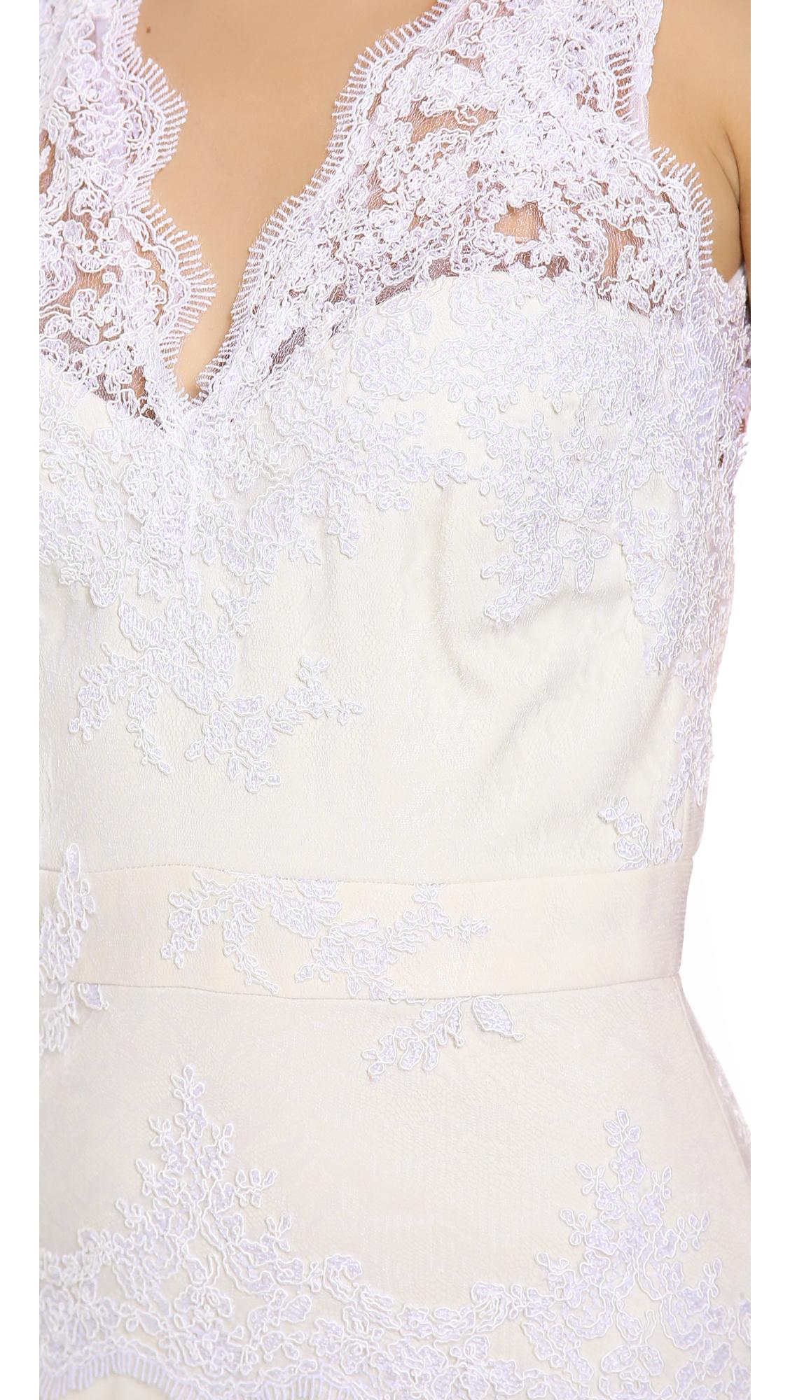 Lyst - Badgley Mischka Lace Open Back Peplum Gown in White