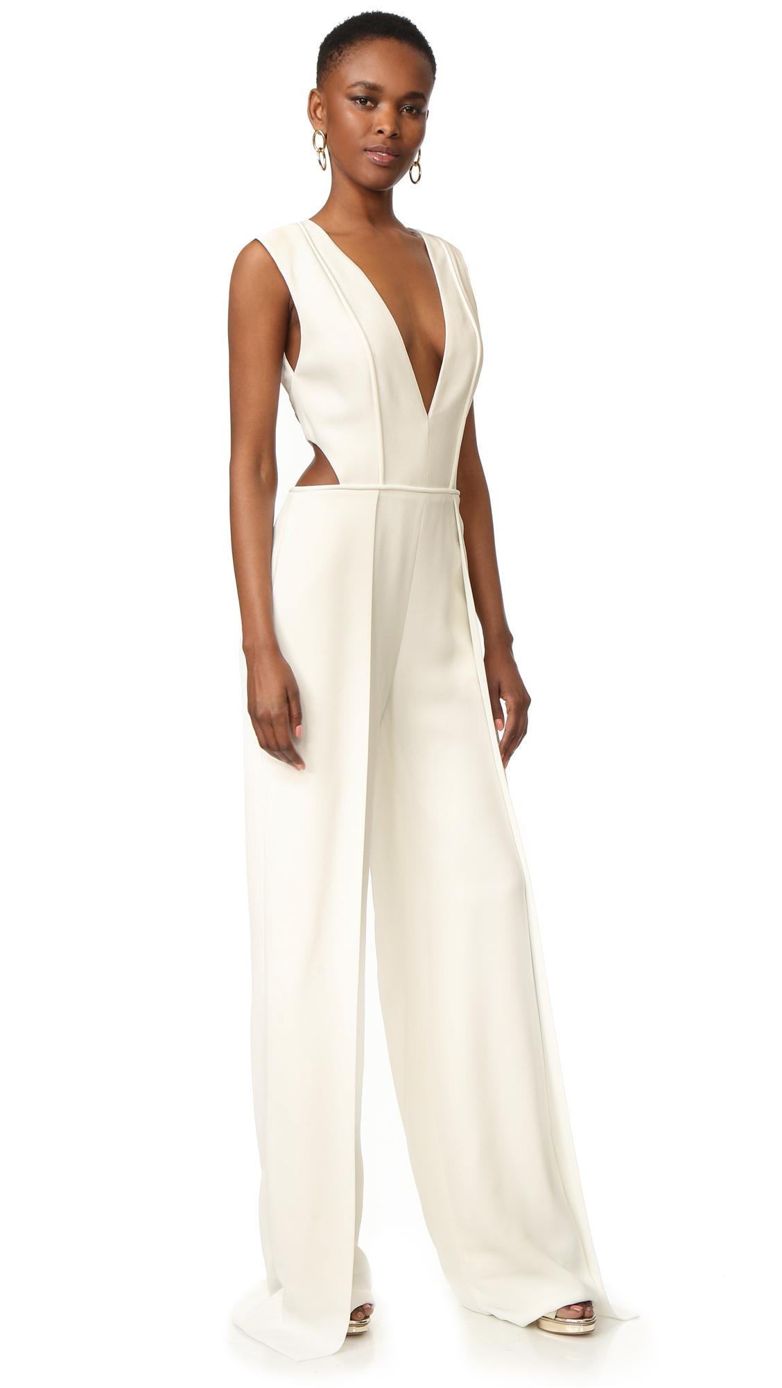 Brandon Maxwell V Neck Pleated Jumpsuit in White | Lyst