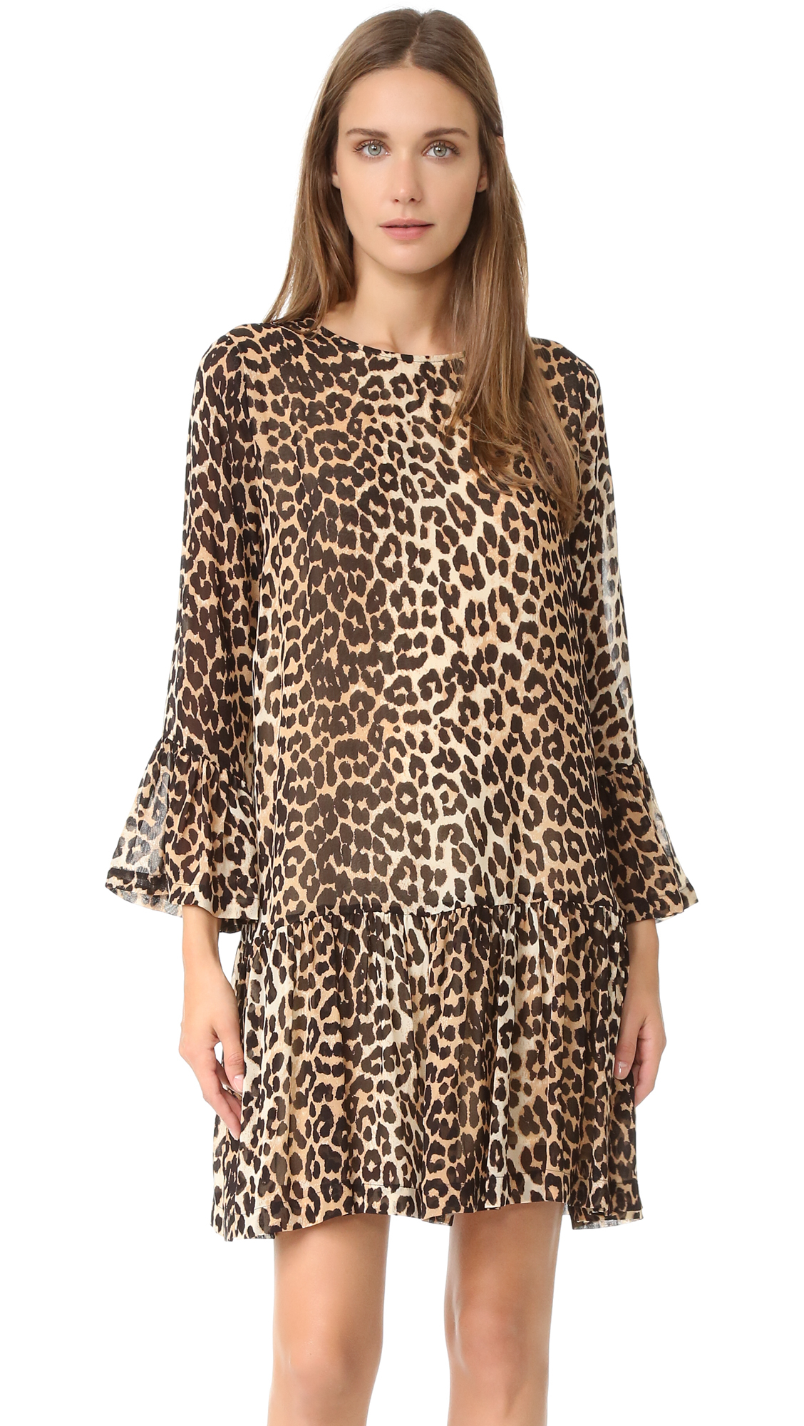 Ganni Chiffon Leopard Flounce Dress - Lyst