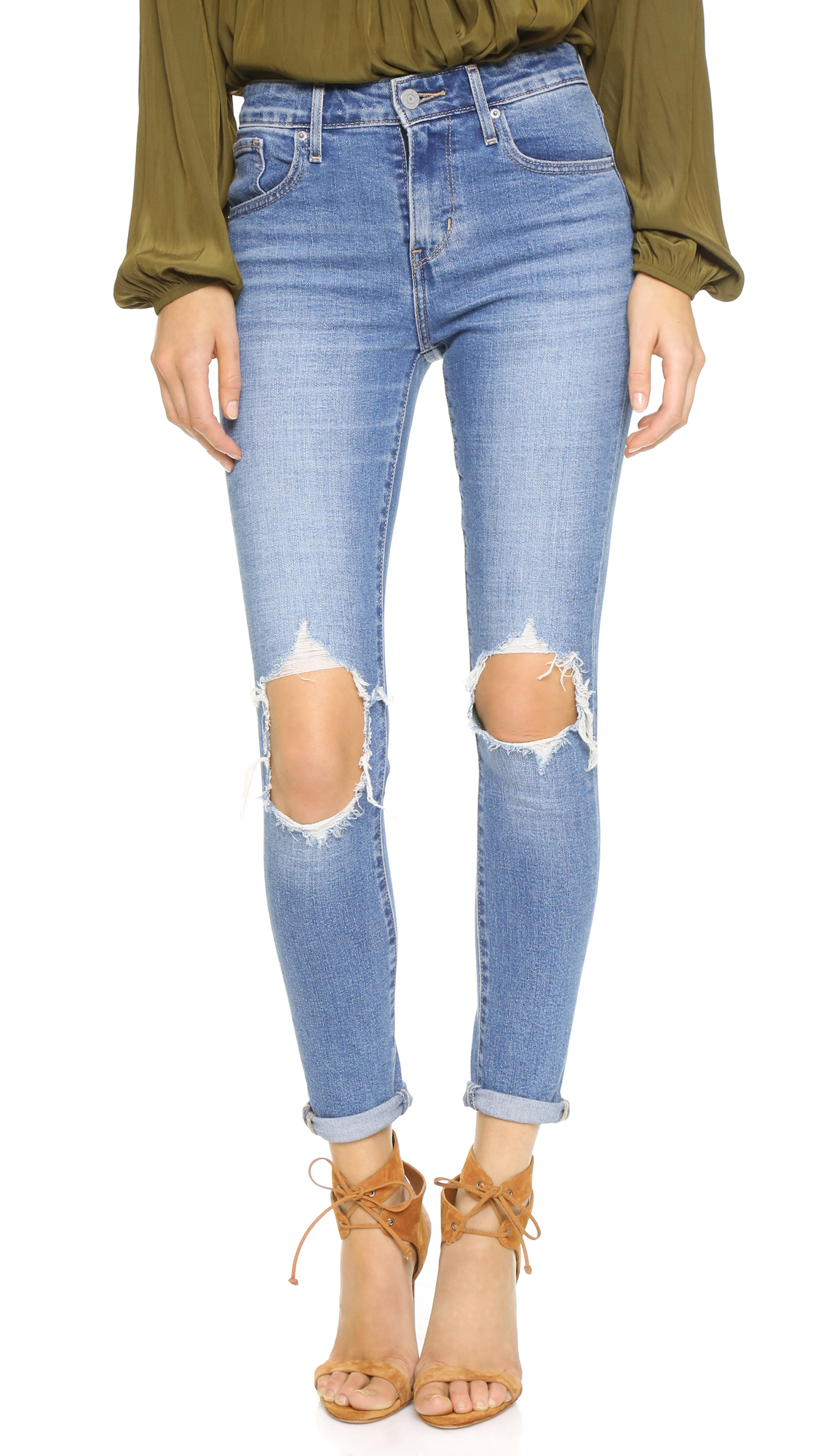 Levi's 721 High Rise Distressed Skinny Jeans in Blue | Lyst