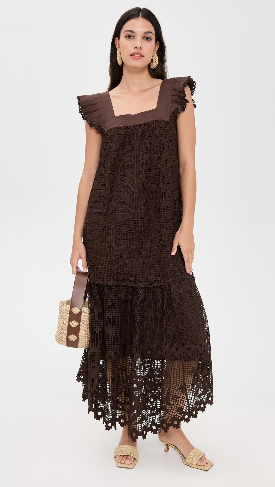 FARM Rio Pineapple Guipure Midi Dress in Brown | Lyst