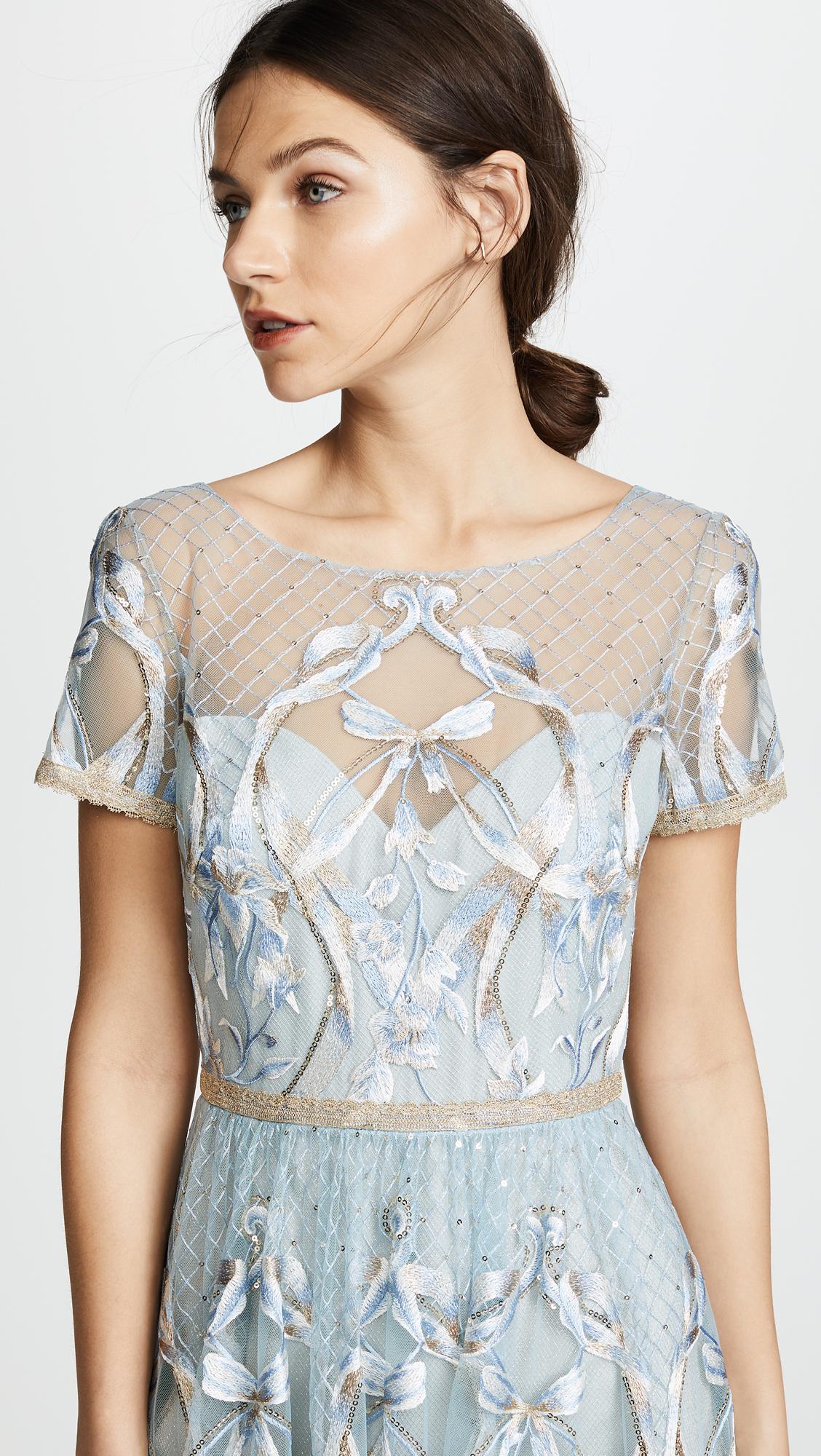 Marchesa notte Embroidered Gown With Metallic Lace Trim in Blue | Lyst