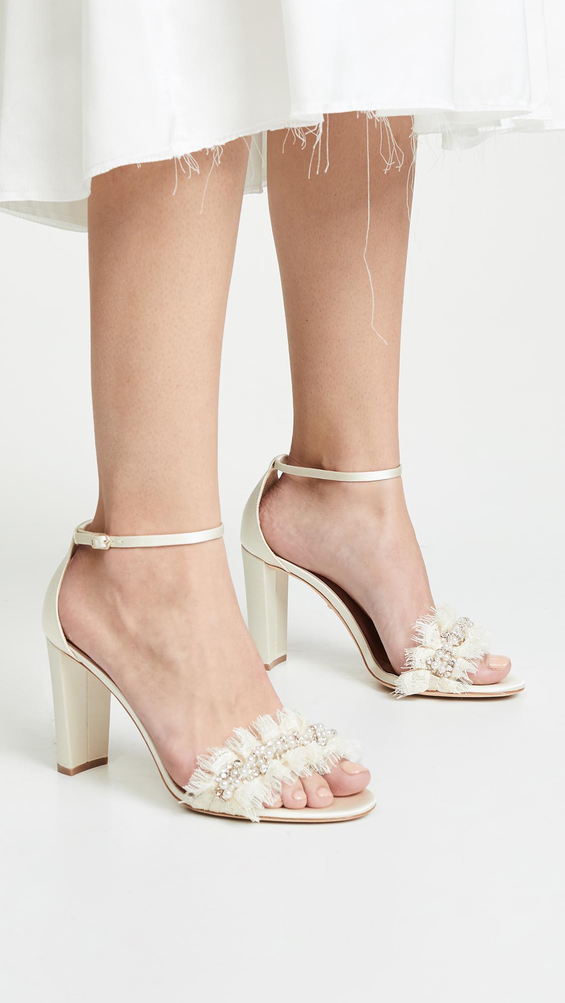 Badgley Mischka Satin Fleur Ankle Strap Sandals in Ivory (White) | Lyst