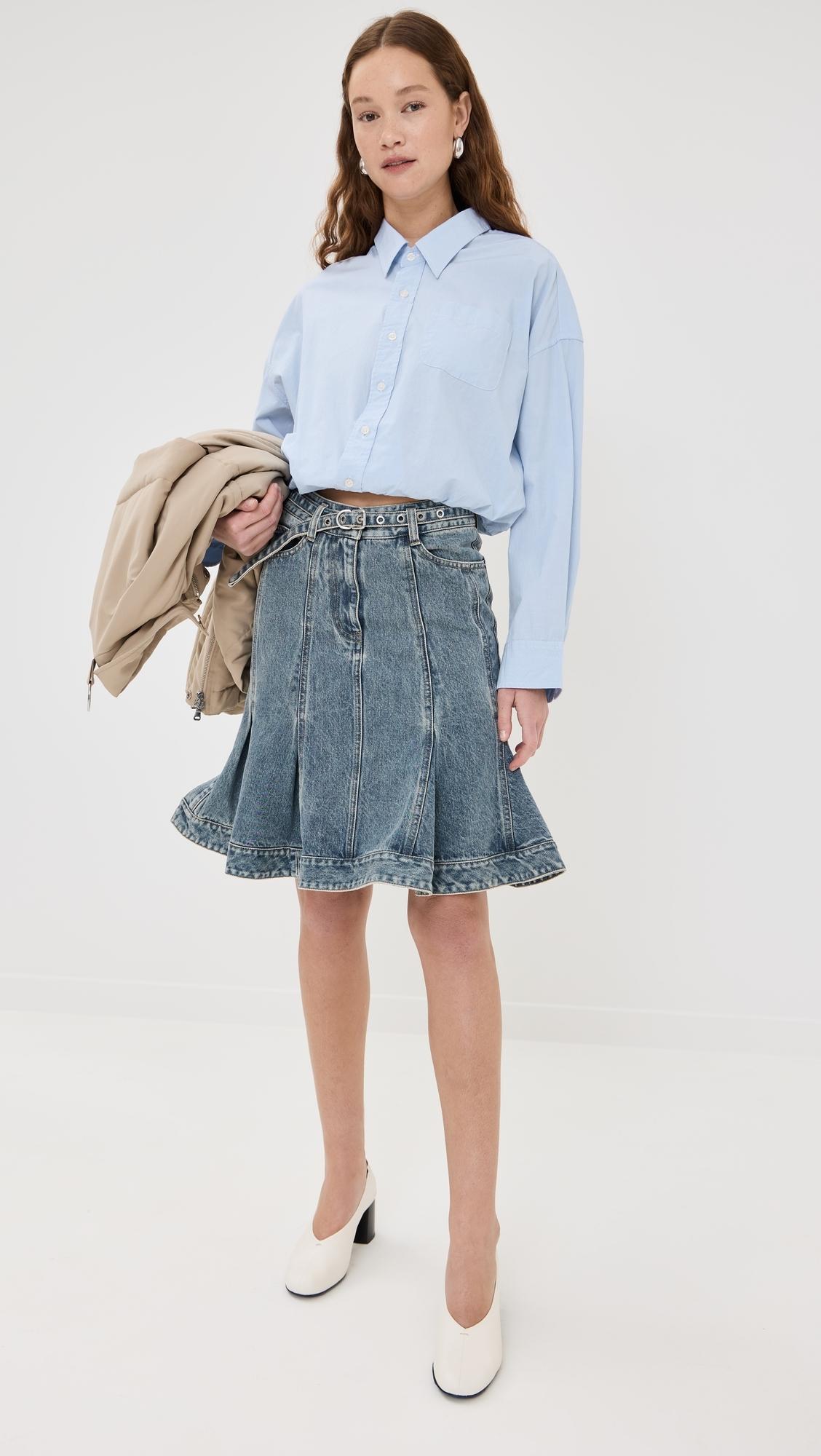 【3.1 Phillip Lim】Flounce Bltd Knee Length Skirt デニム Blue Denim Wrap Skirt for Women | Phillip Lim Stylish Skirts