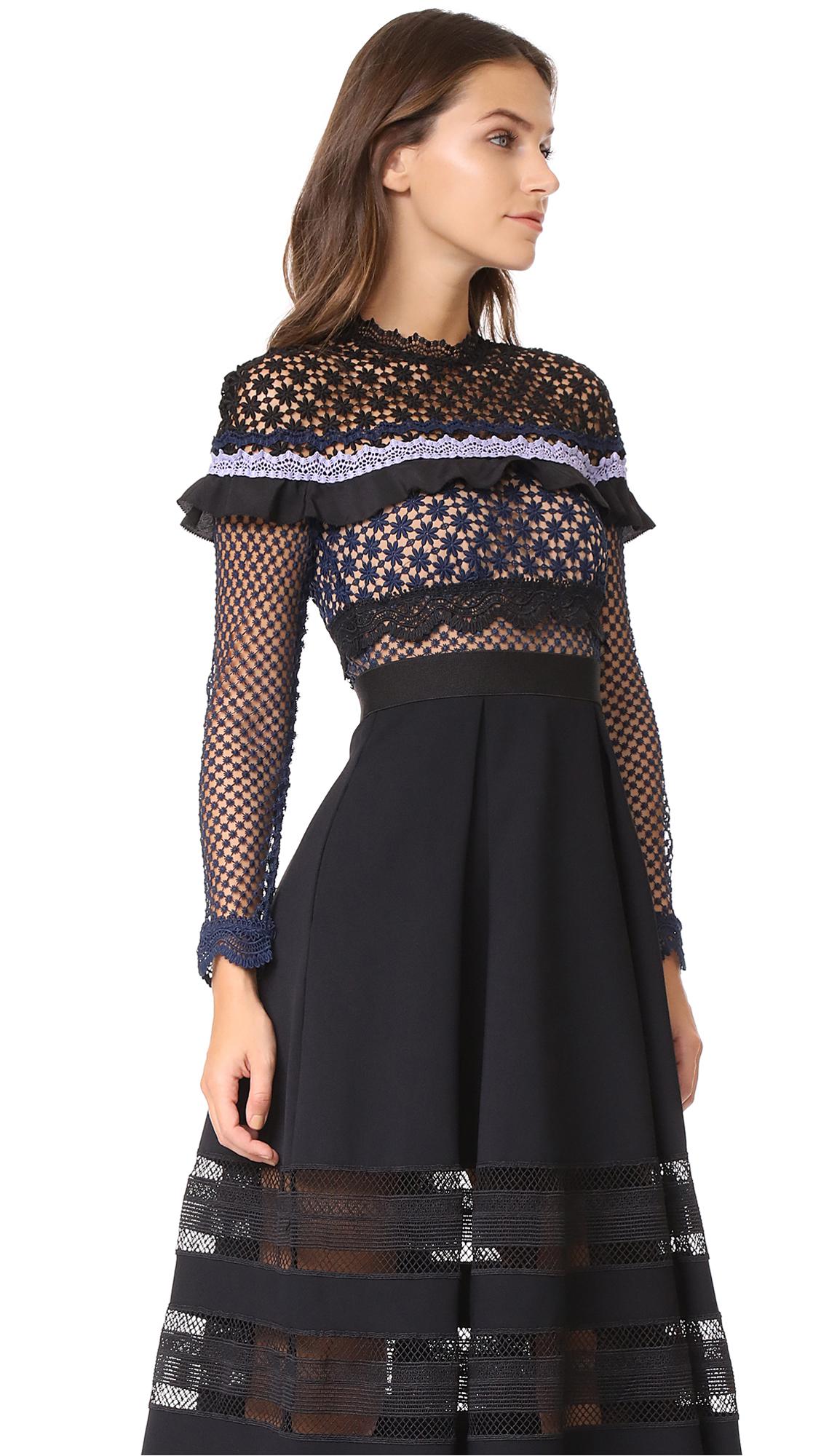 Self-Portrait Bellis Lace Trim Dress With Full Skirt in Black | Lyst