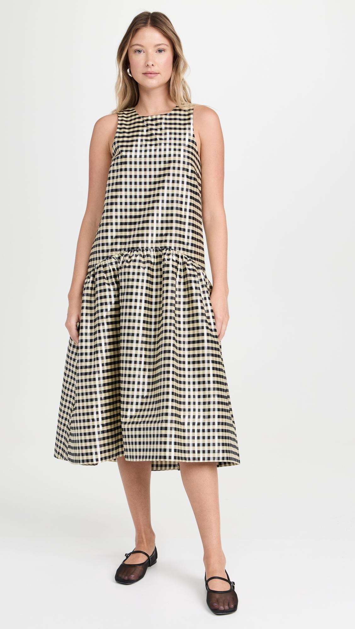 Ganni Shiny Check Jacquard Midi Dress in White | Lyst