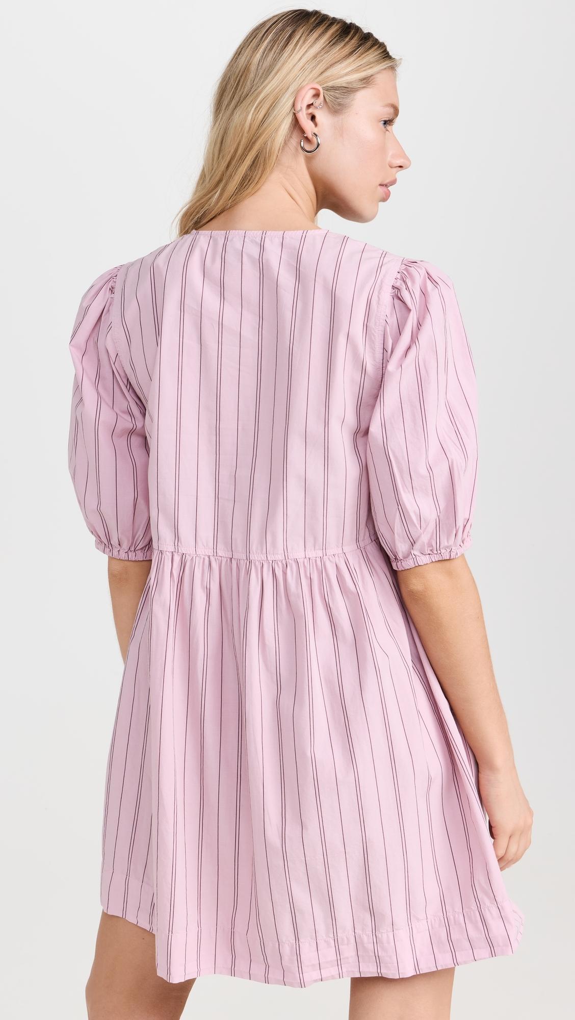 Ganni Stripe Cotton Mini Bow Tie Dress in Pink | Lyst