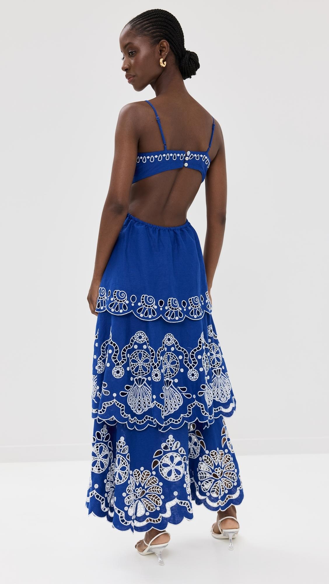 farm rio deep blue palm tree richelieu midi dress Navy Blue Embroidered Richelieu Midi Dress